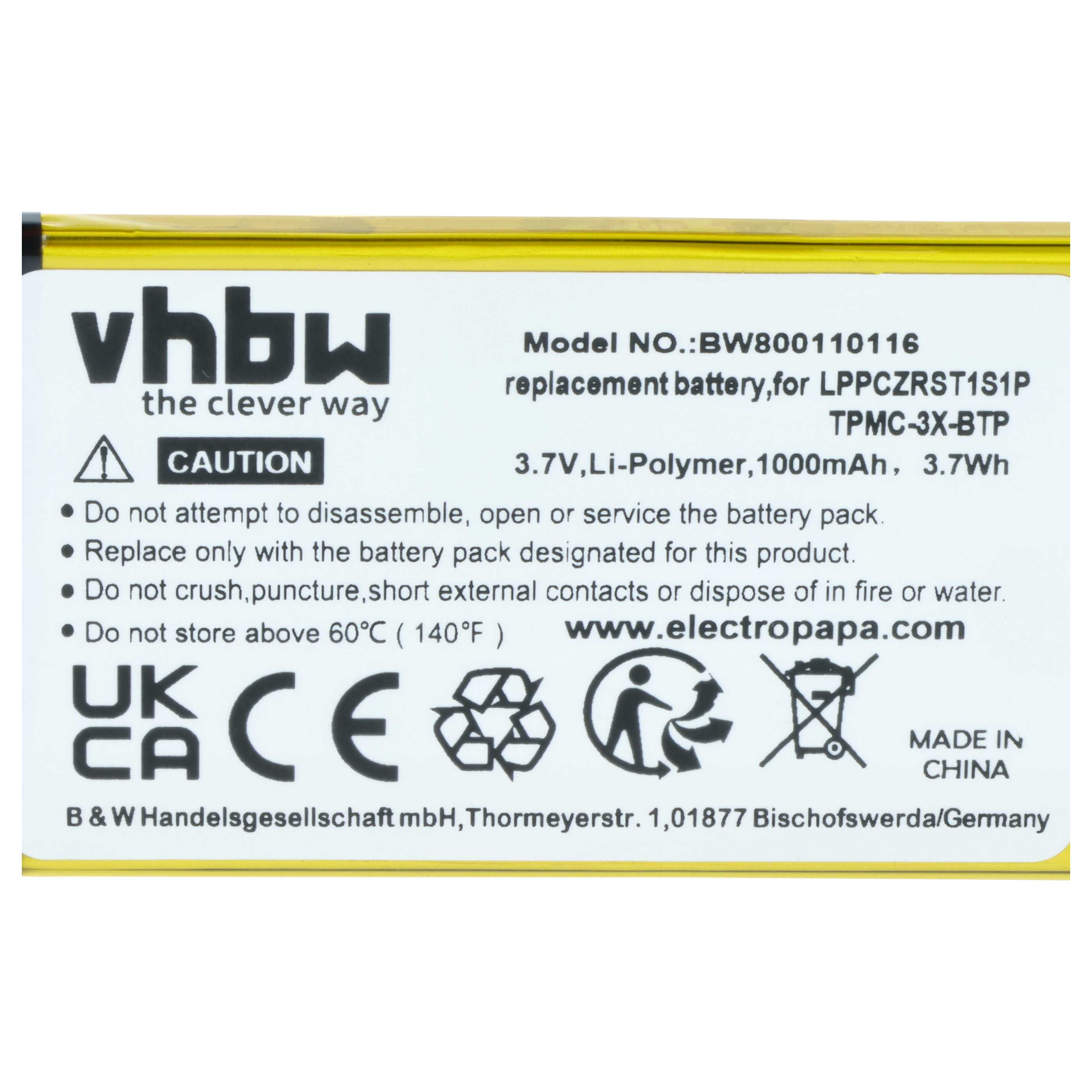 vhbw Akku mit Modellnr. BW800110116, 3.7V, 1000mAh, Li-Polymer. Made in China.