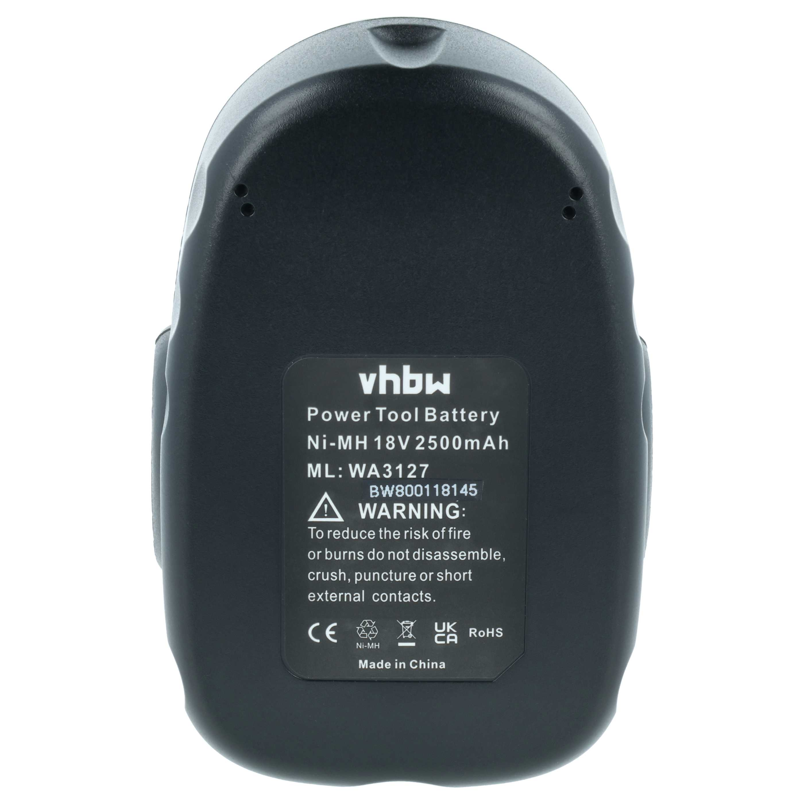 Schwarzer Akku für Elektrowerkzeug mit Beschriftung: vhbw, Ni-MH 18V 2500mAh, Made in China.