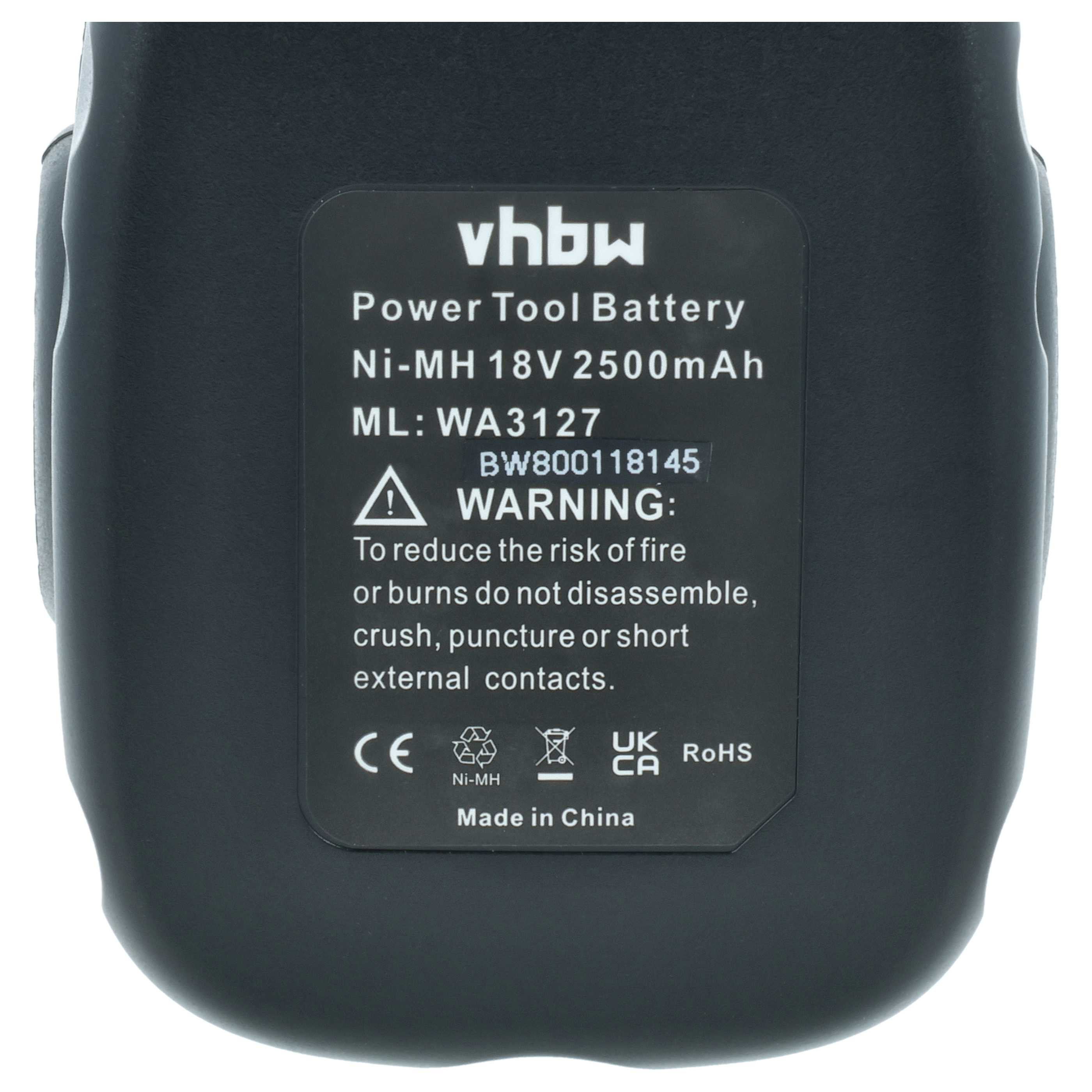 Schwarzer Ni-MH 18V 2500mAh Werkzeugakku mit Aufschriften und Warnsymbolen.