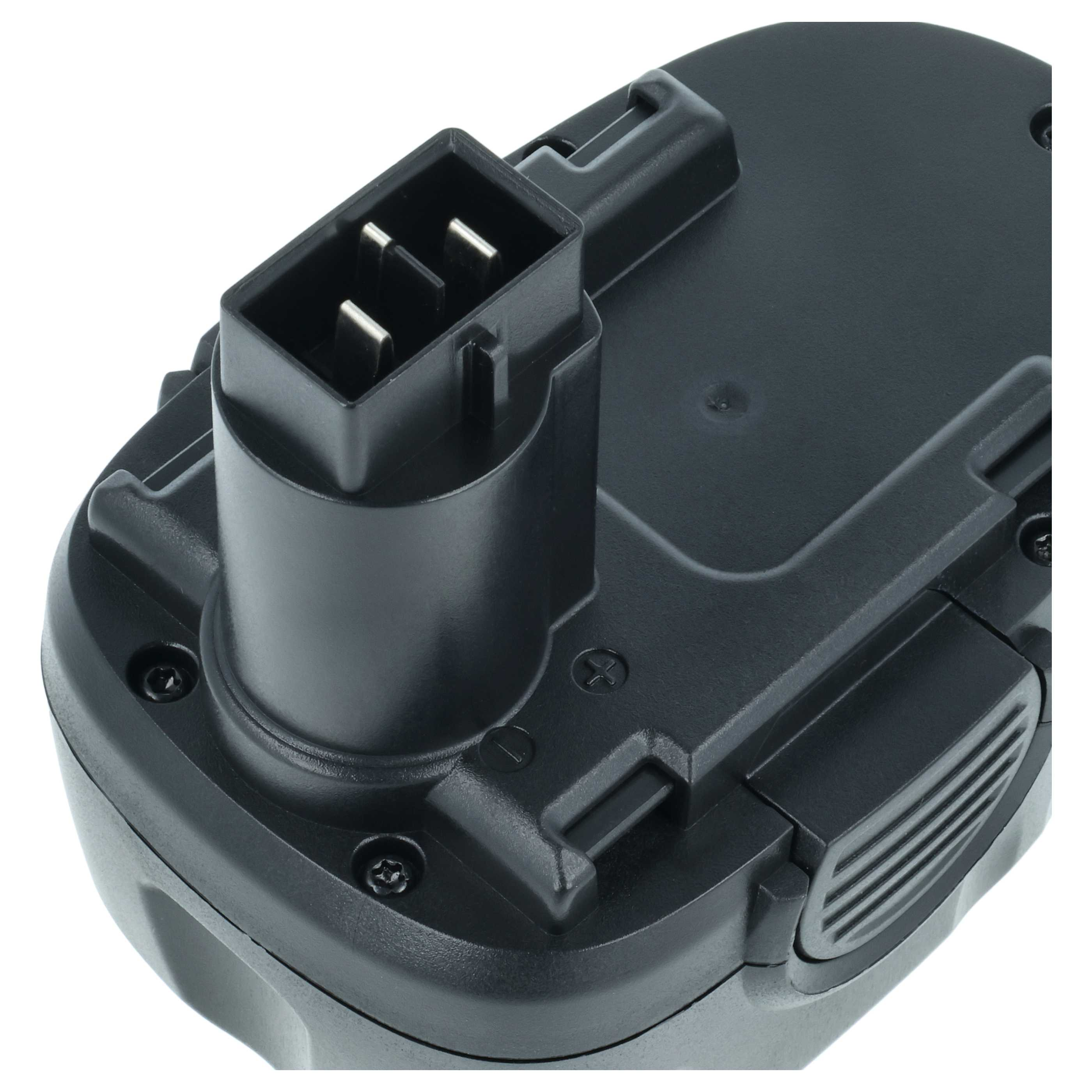 Nahaufnahme eines schwarzen Akkus mit drei Metallkontakten, die aus einem rechteckigen Stecker herausragen.