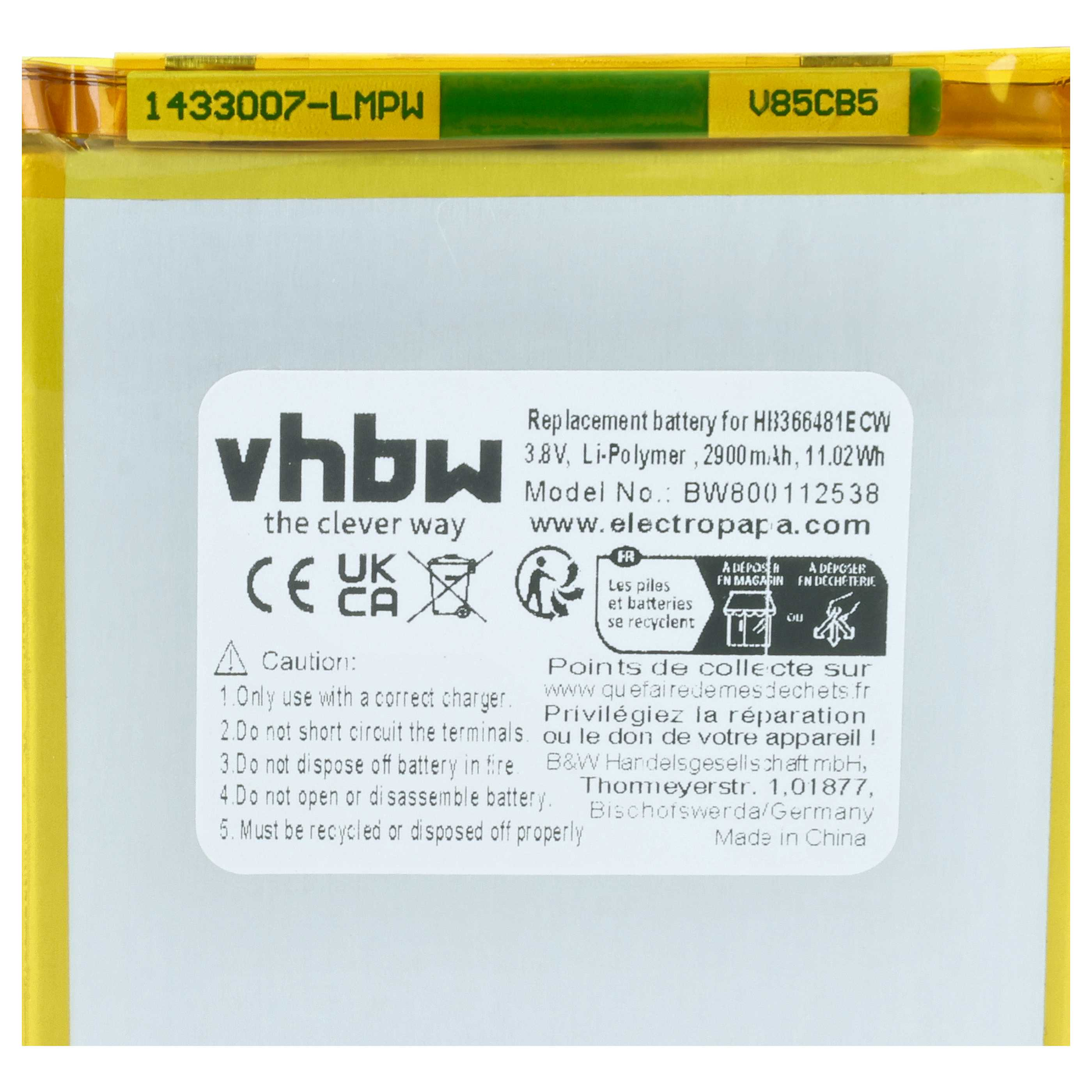 Gelbe Batterie mit Aufdruck: vhbw, CE-Zeichen, Warnhinweise, Modellnummer.
