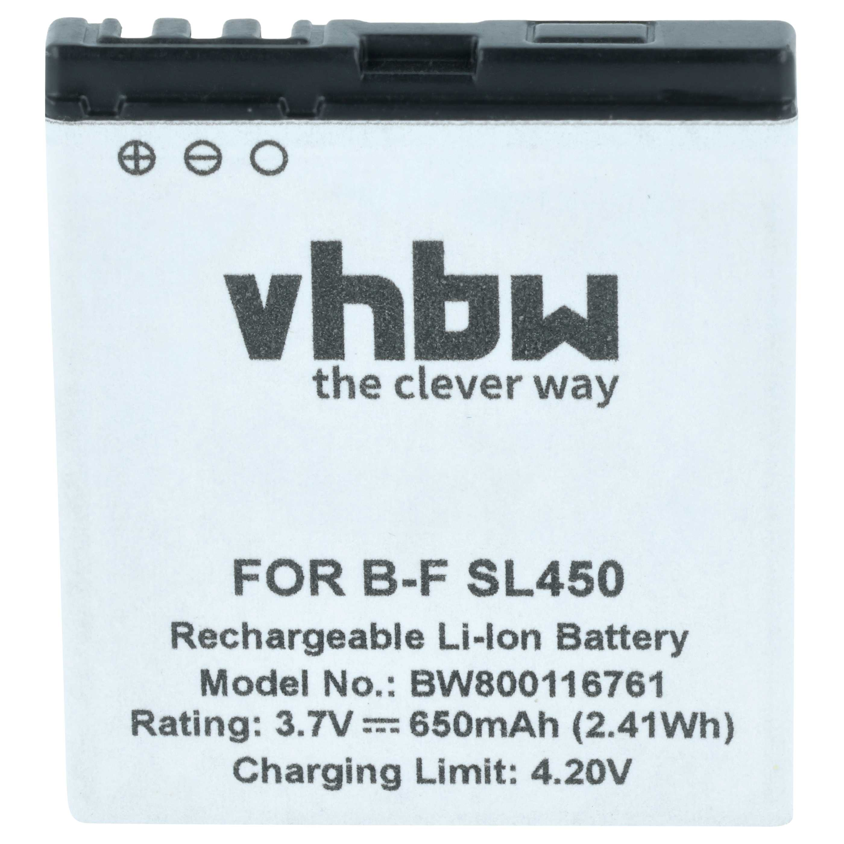 Eine weiße vhbw Li-Ion Akku für B-F SL450, 3,7V, 650mAh.