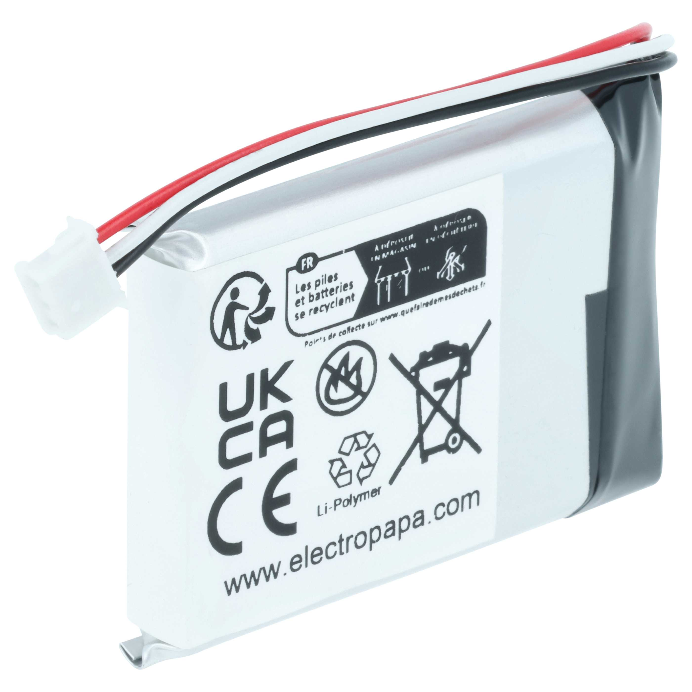 Ein weißer Akku mit roten, schwarzen und weißen Kabeln und einem weißen Stecker.