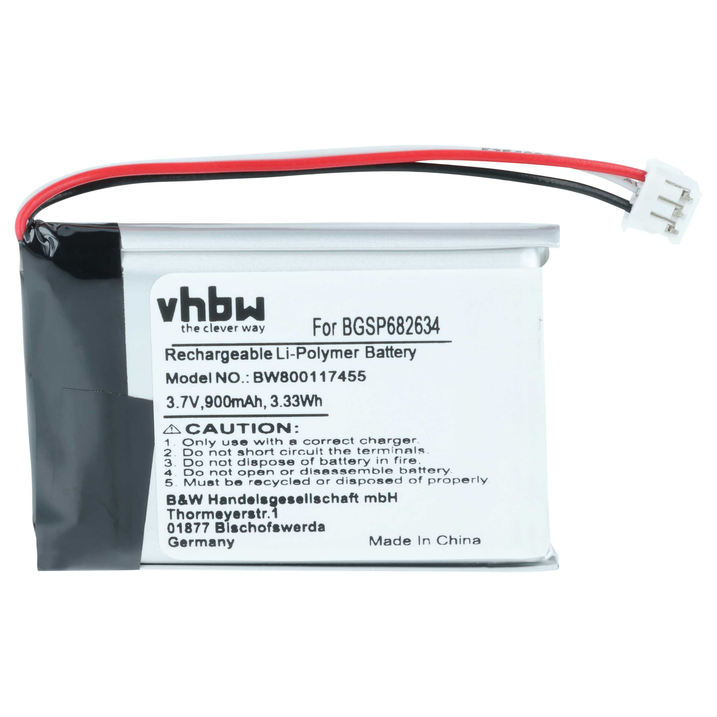 Ein Li-Polymer-Akku 3,7V 900mAh mit drei Kabeln und weißem Stecker.