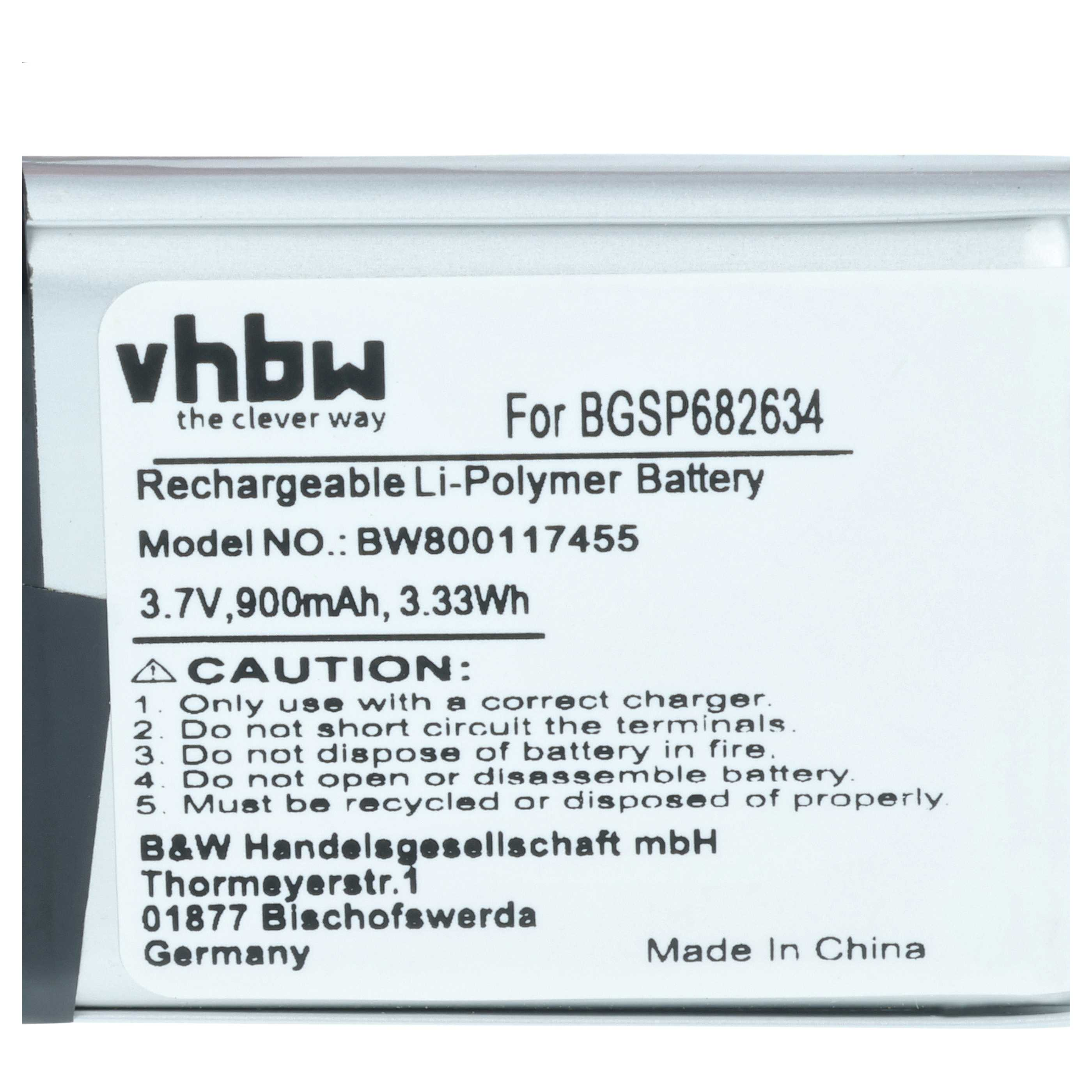 vhbw Li-Polymer Akku, 3,7V, 900mAh, Modell BGSP682634, Made in China.