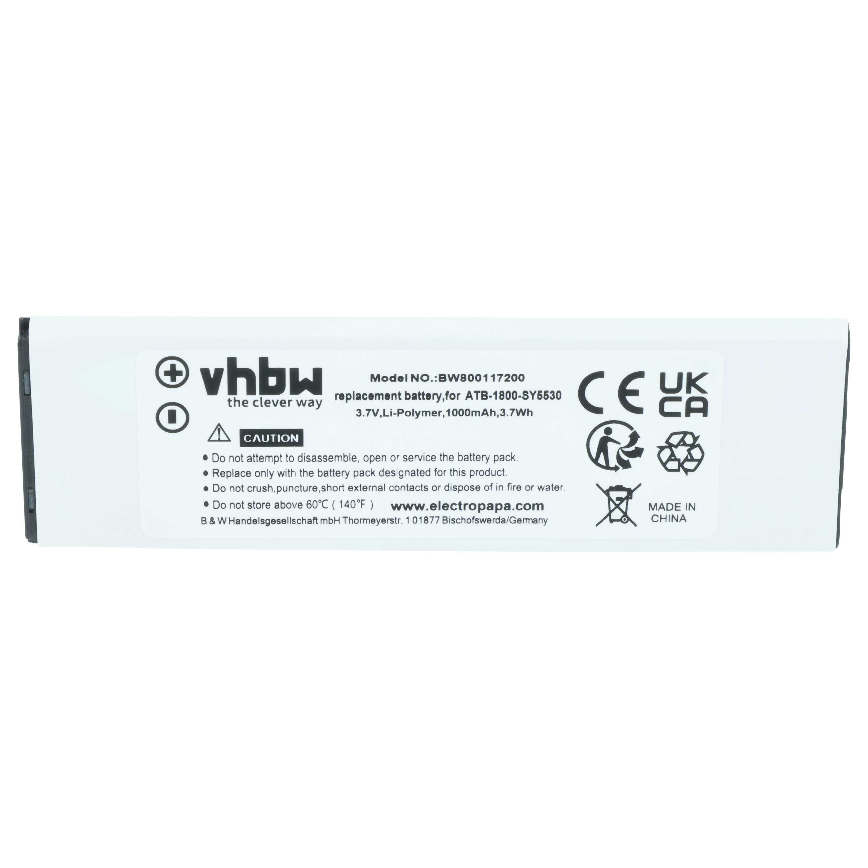 vhbw Ersatzakku für ATB-1800-SY5530, 3,7V, Li-Polymer, 1000mAh, 3,7Wh.