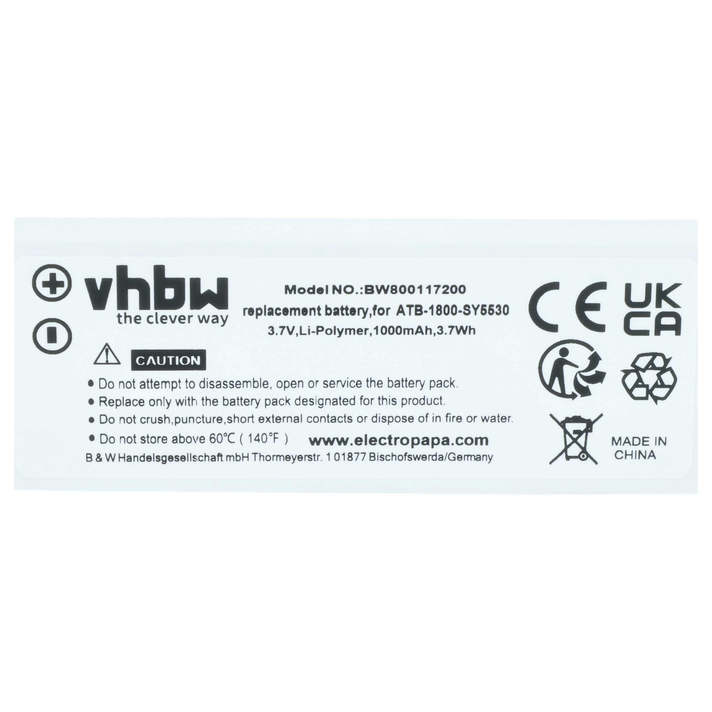 vhbw Ersatzakku 3,7V, 1000mAh, Li-Polymer, CE, UKCA, Made in China
