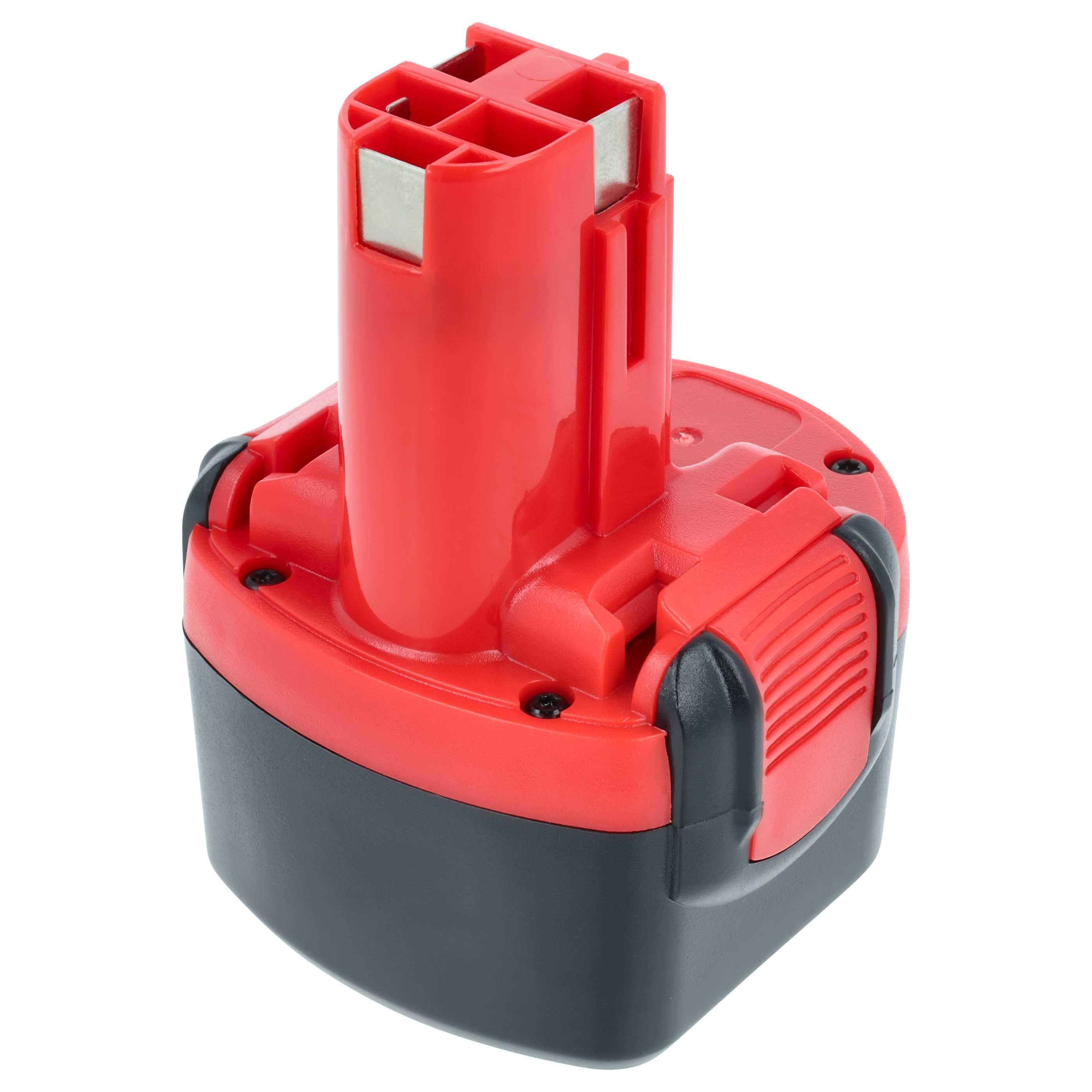 Ein roter und schwarzer Akku für Elektrowerkzeuge, isoliert auf weißem Hintergrund.