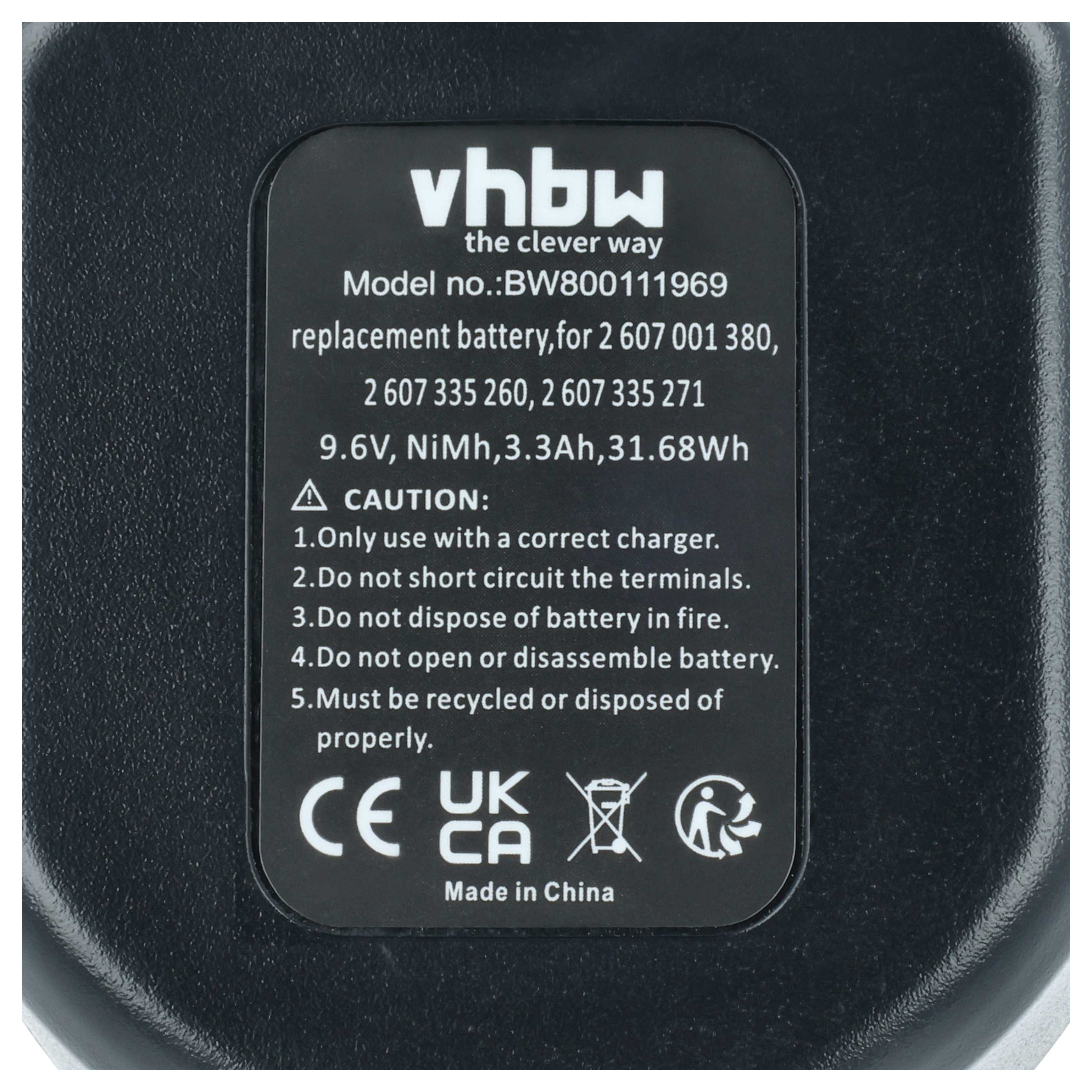 Schwarzer Akku mit Aufkleber: VHBW, Modell BW800111969, 9.6V NiMh, Vorsichtshinweise.
