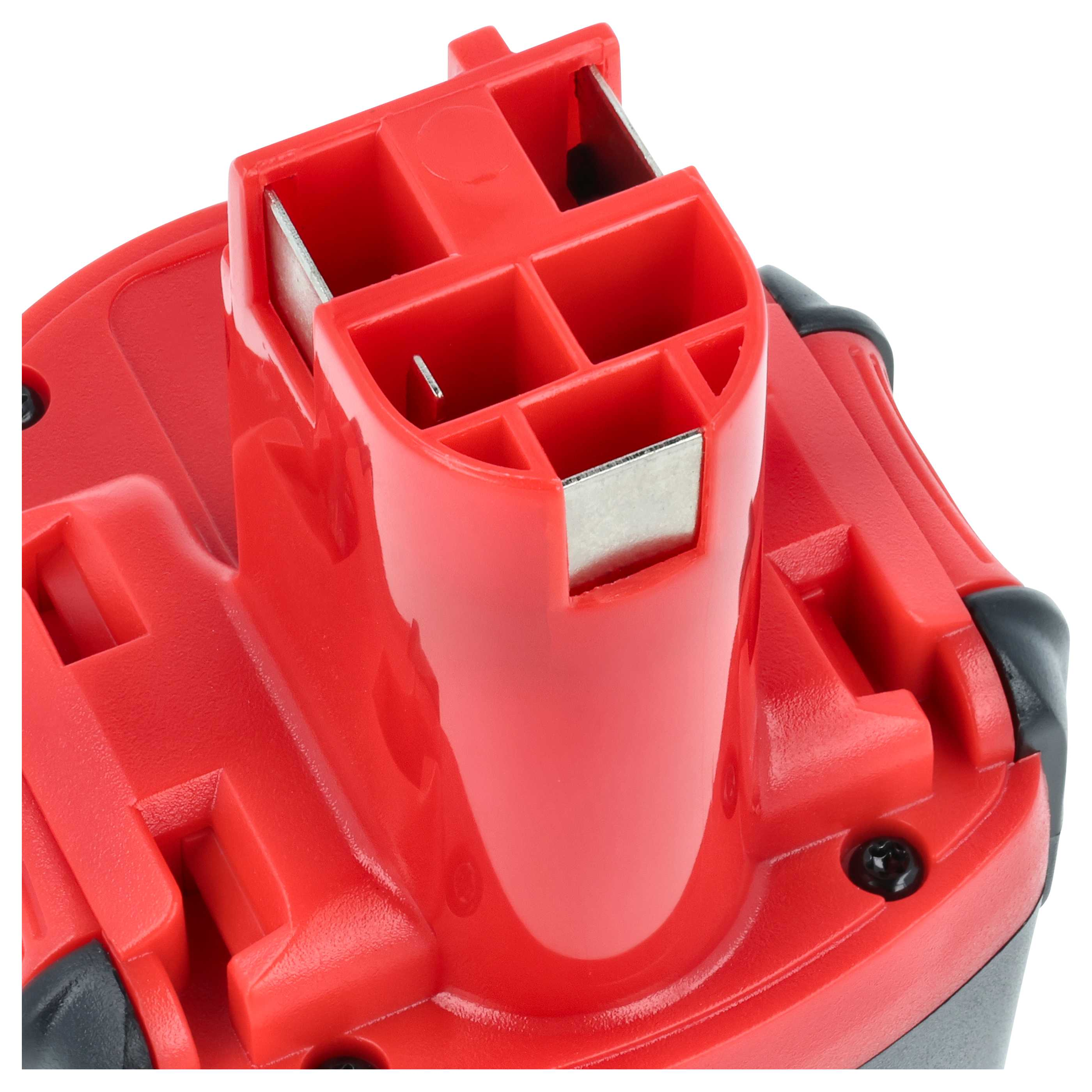 Nahaufnahme eines roten Batteriepacks mit Metallkontakten.