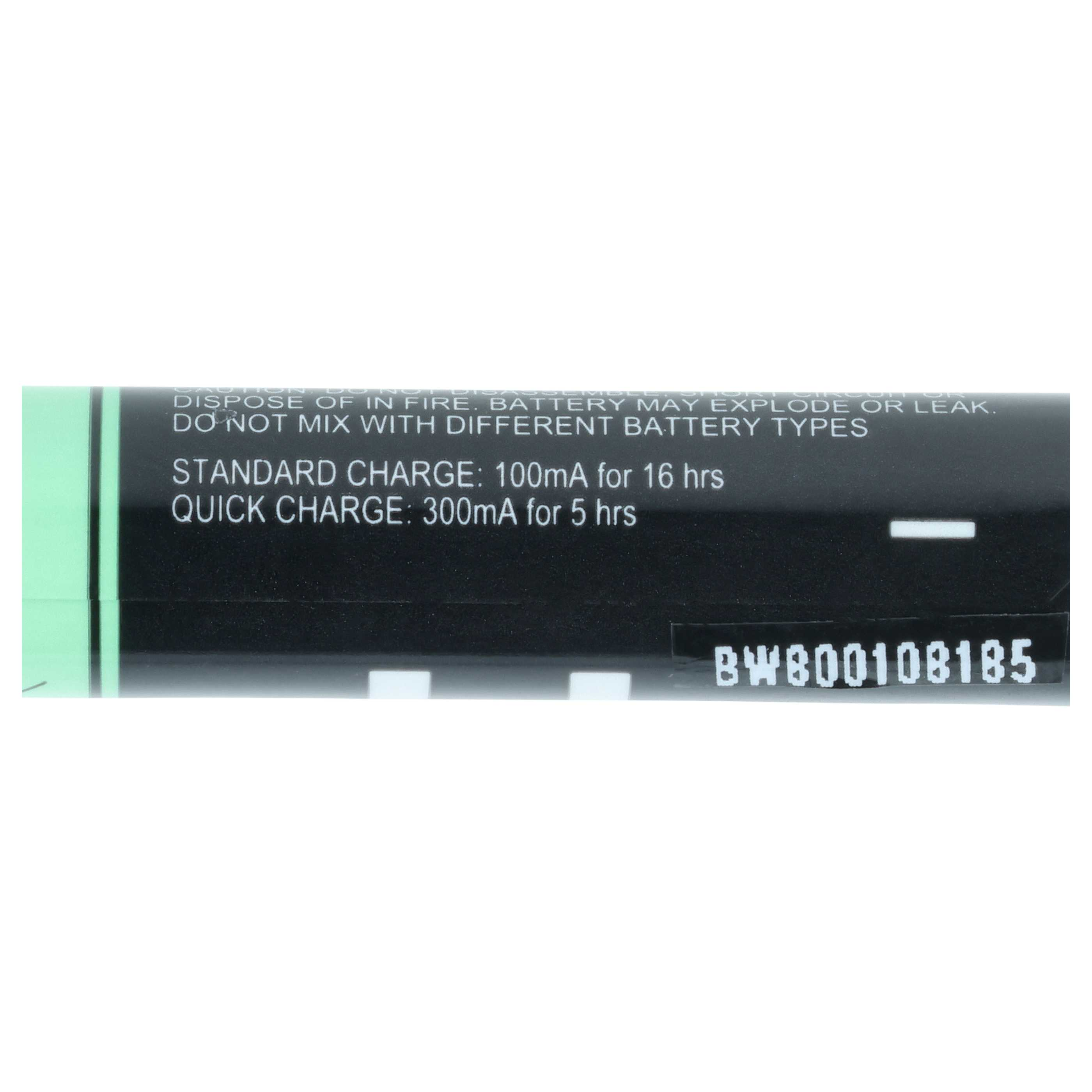 Schwarze Batterie mit Ladehinweisen und Seriennummer BW800108185.