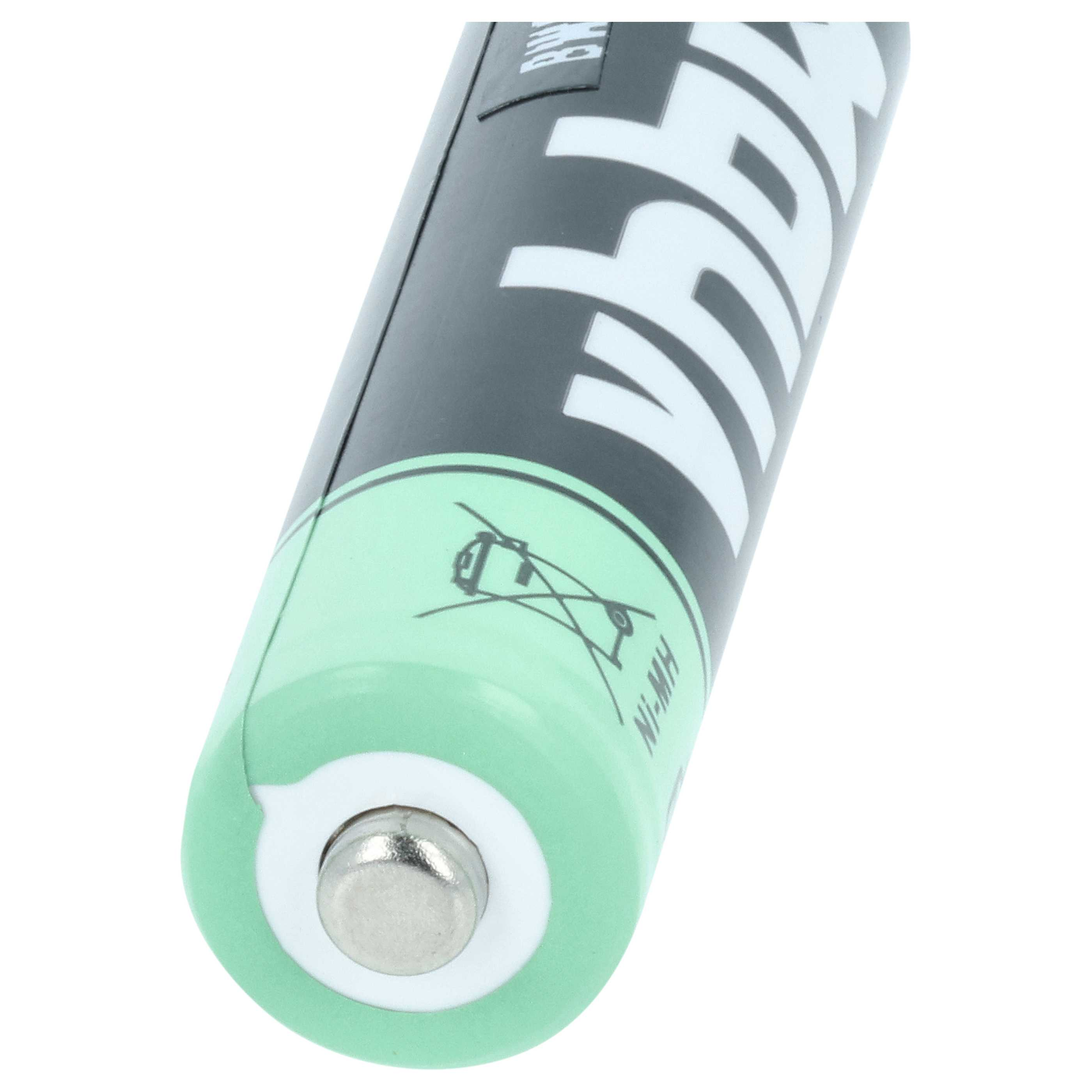 Ein Ni-MH Akku mit weißem Pluspol und grünem Ring, schwarzem Körper mit weißen Zeichen.