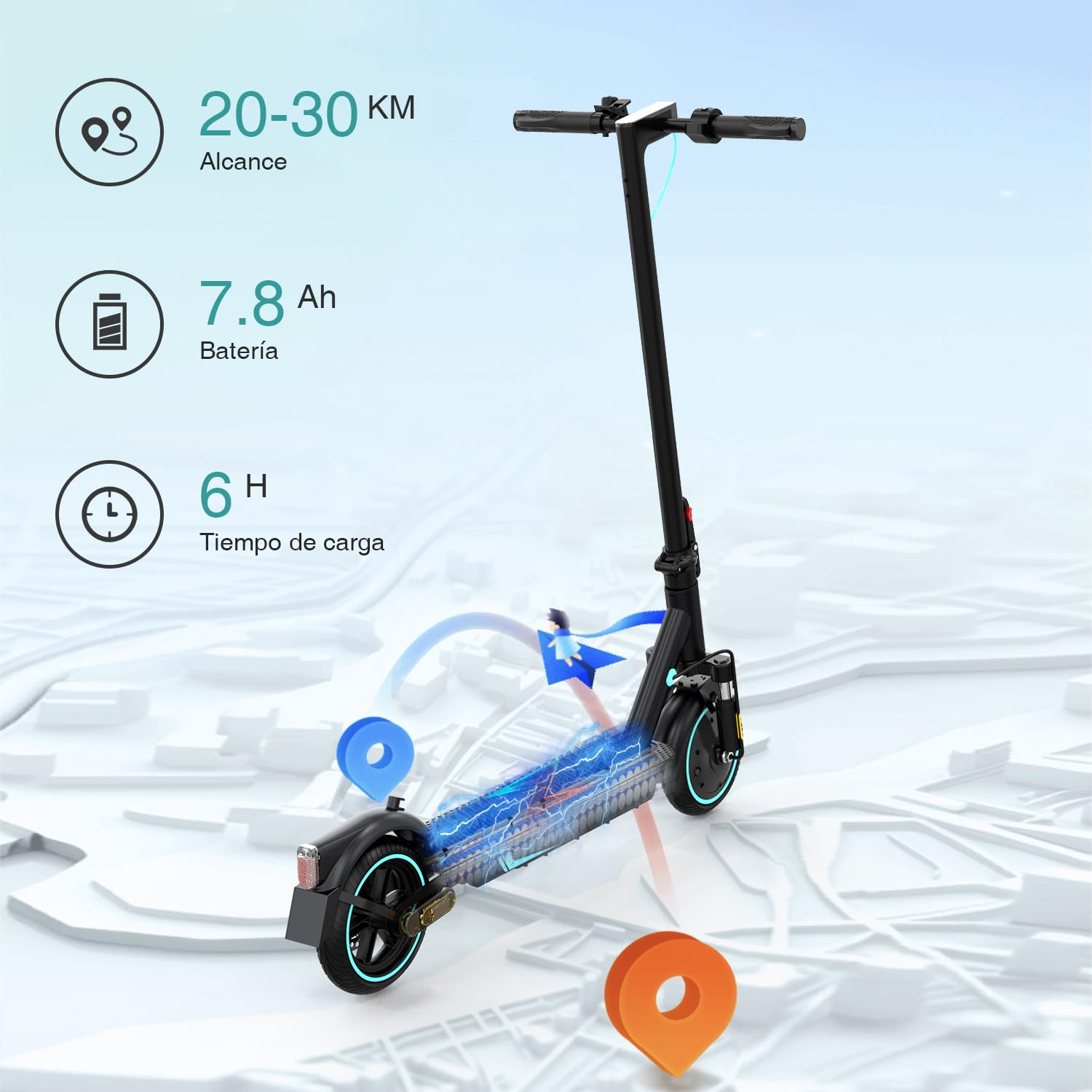 Czarna hulajnoga elektryczna, zasięg 20-30 km, bateria 7,8 Ah, ładowanie 6h.