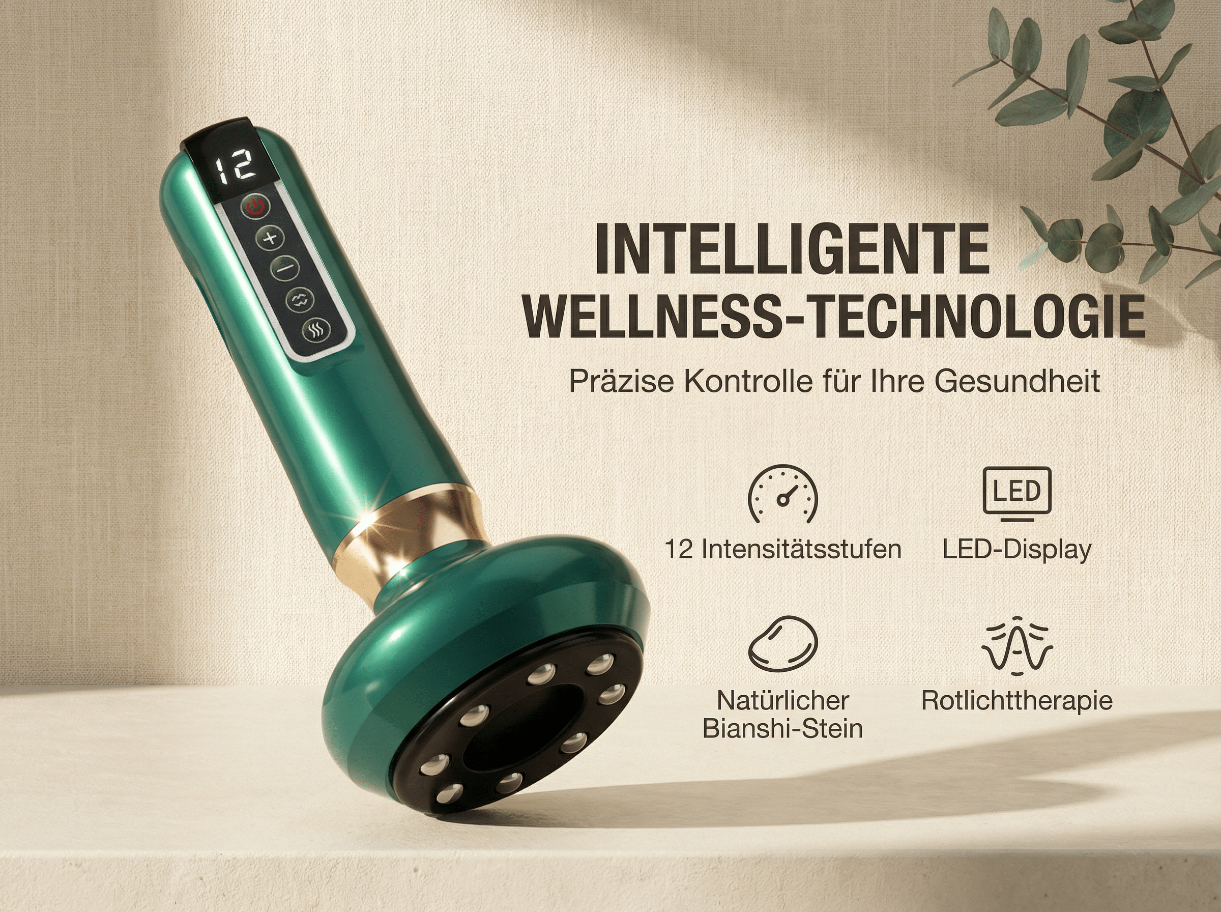 Grünes Wellness-Gerät mit LED-Display und Bedienelementen auf hellem Hintergrund.