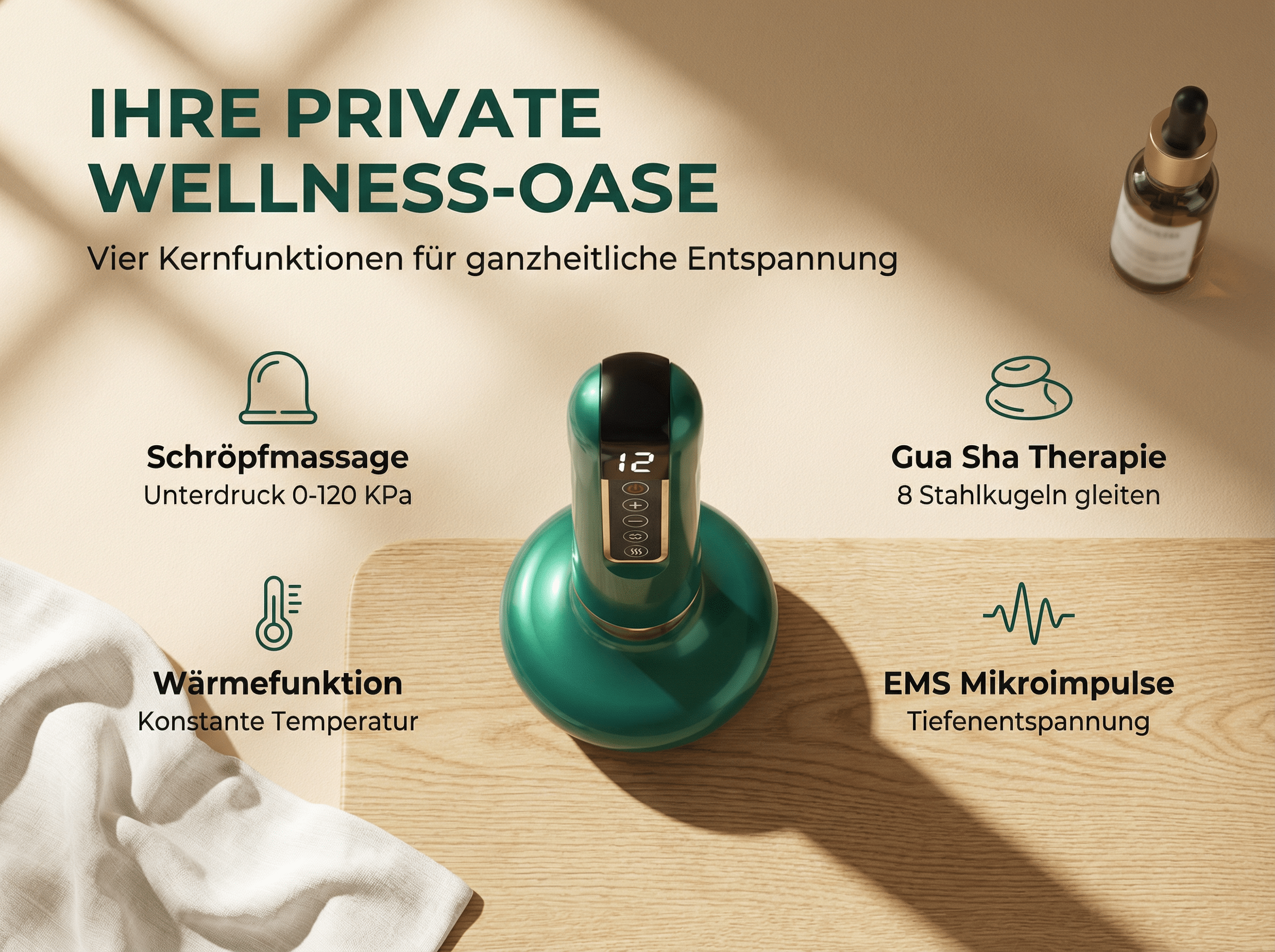 Grünes Massagegerät mit Funktionen: Schröpfen, Wärme, Gua Sha, EMS. Text: IHRE PRIVATE WELLNESS-OASE.