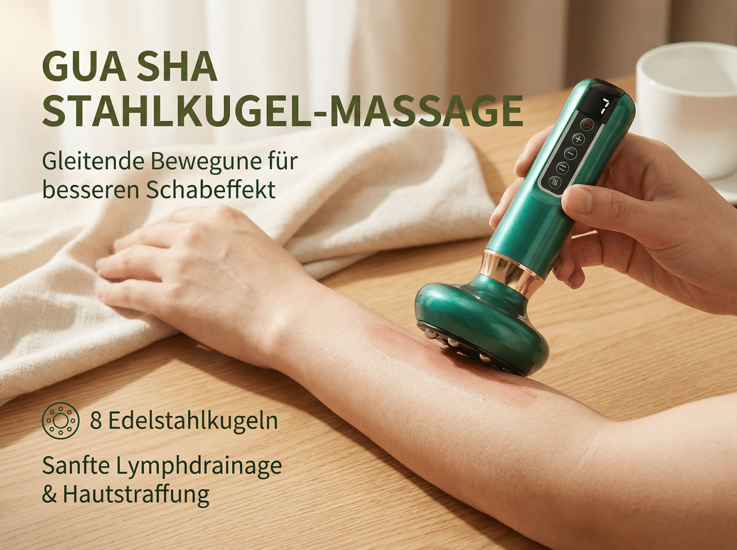 Grünes Gua Sha Massagegerät mit 8 Stahlkugeln wird auf dem Unterarm angewendet.