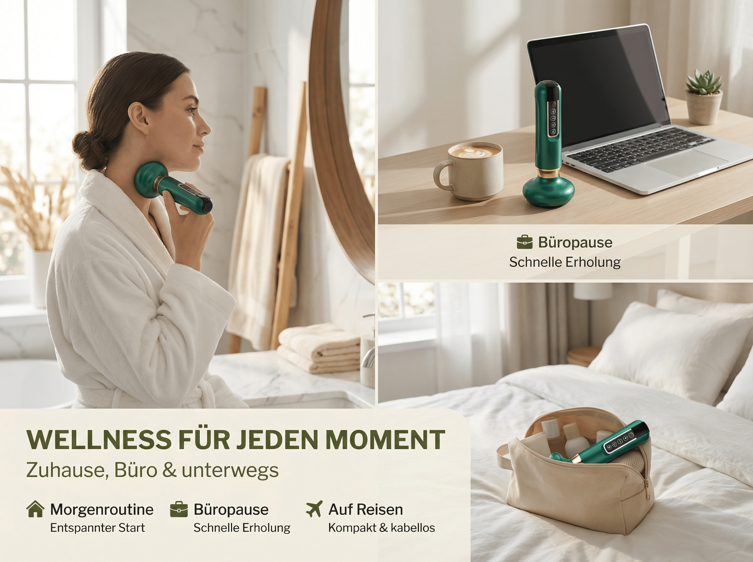 Frau mit Massagegerät im Bad, Gerät auf Schreibtisch mit Laptop, Gerät in Reisetasche.