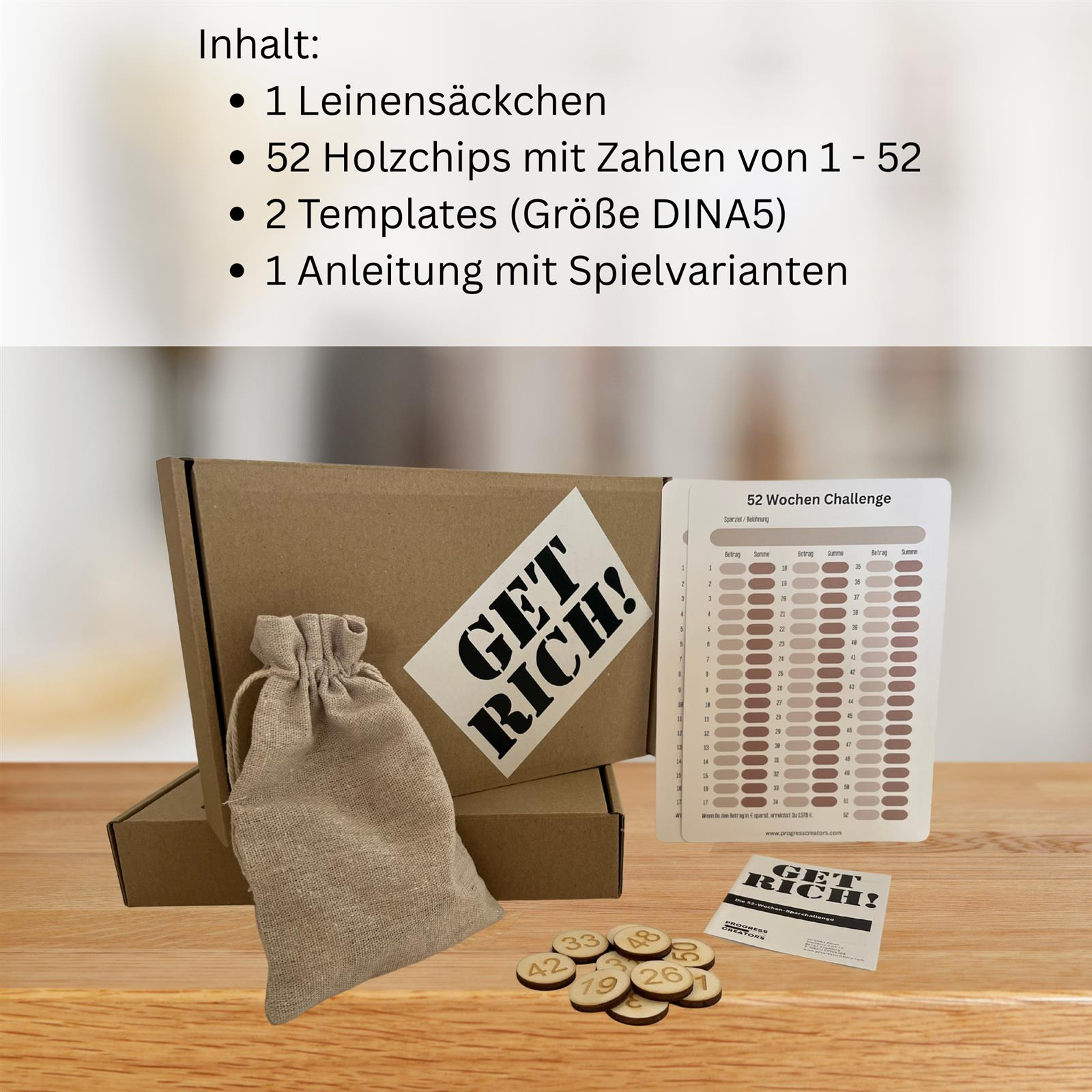 Inhalt: Leinenbeutel, 52 Holzchips, 2 Vorlagen, Anleitung. Spiel-Challenge-Zubehör.