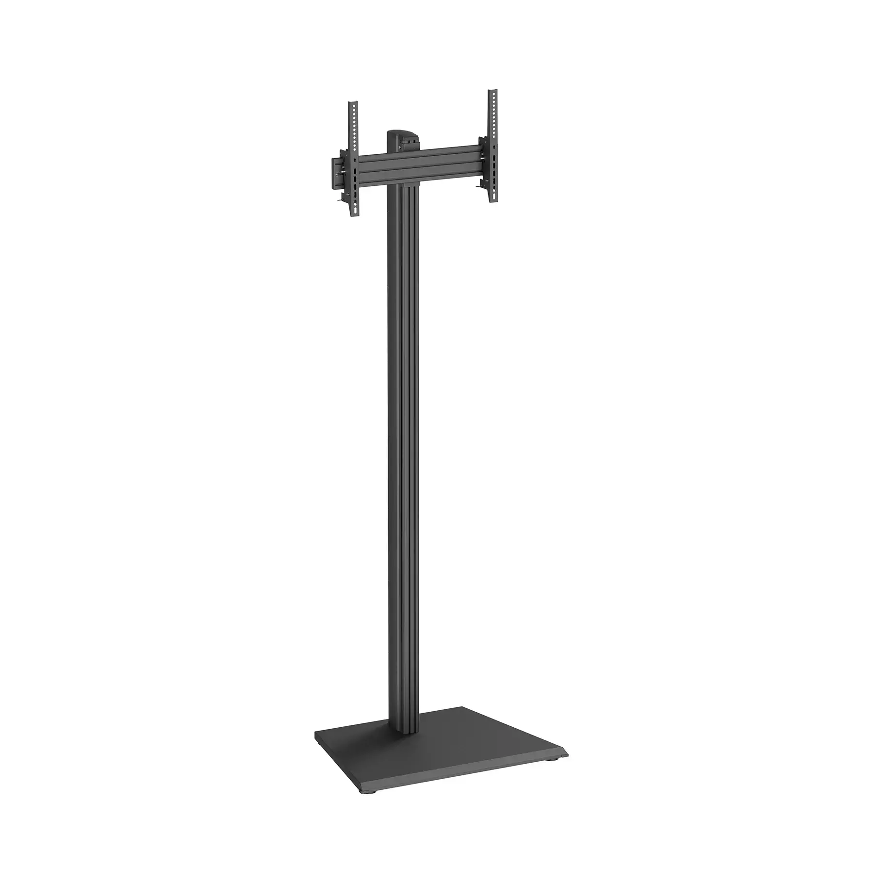 Support TV noir avec base plate et fixation réglable.