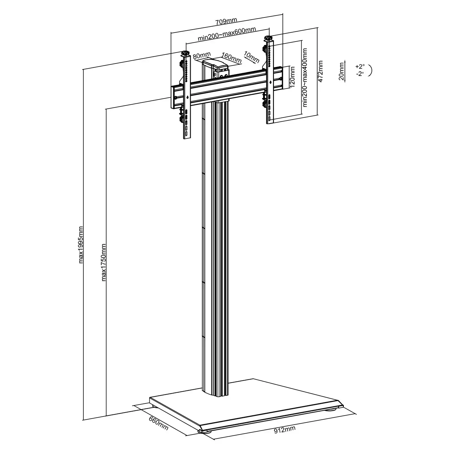Technische tekening van een vloerstandaard voor tv of monitor met afmetingen.
