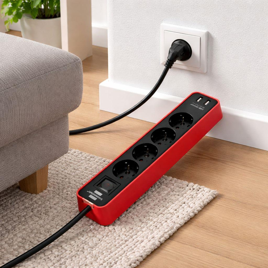 Anahtarlı ve USB bağlantı noktalı kırmızı bir uzatma kablosu, duvardaki prize takılı.