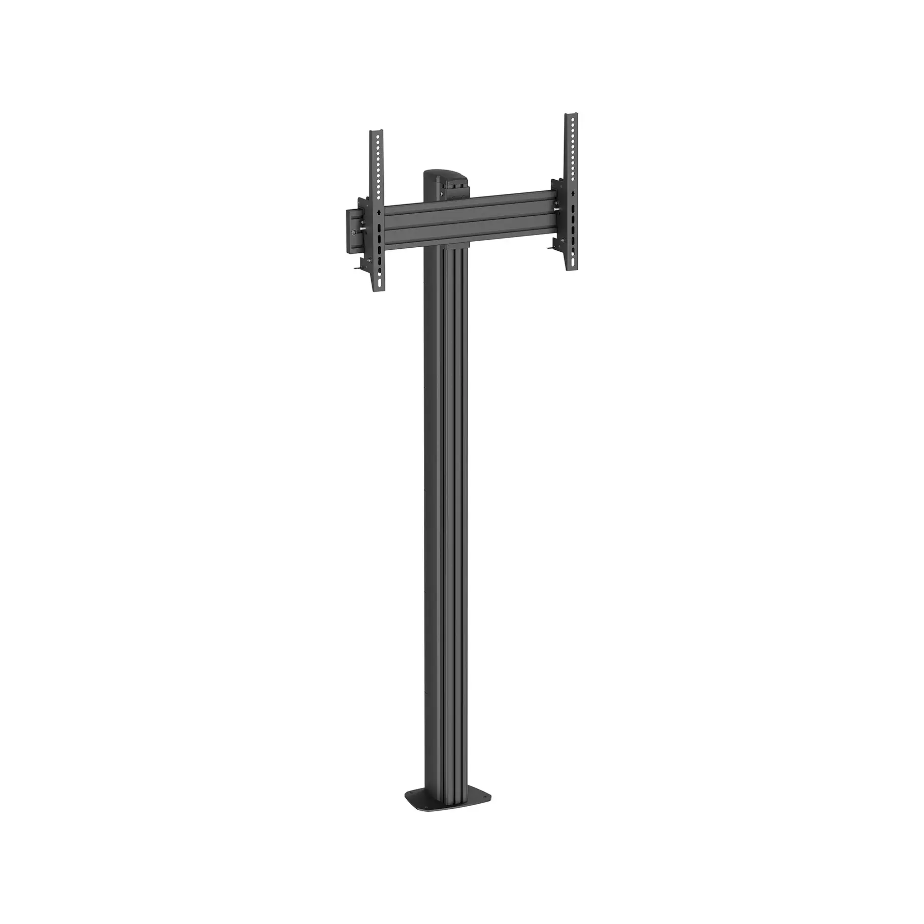 Un support TV noir en métal avec bras réglables sur fond blanc.