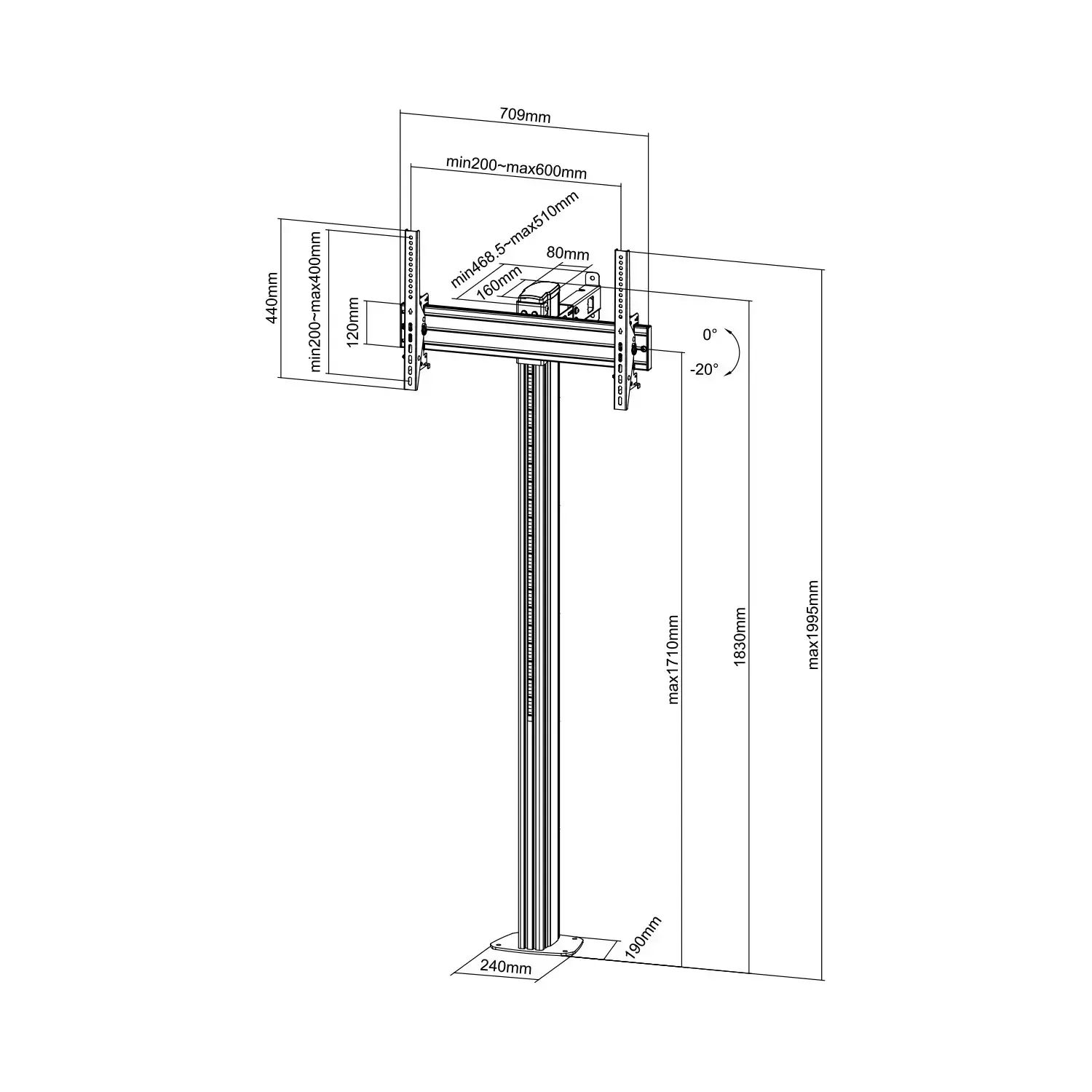 Schéma de support TV avec dimensions. Base 240mm, hauteur max 1995mm.