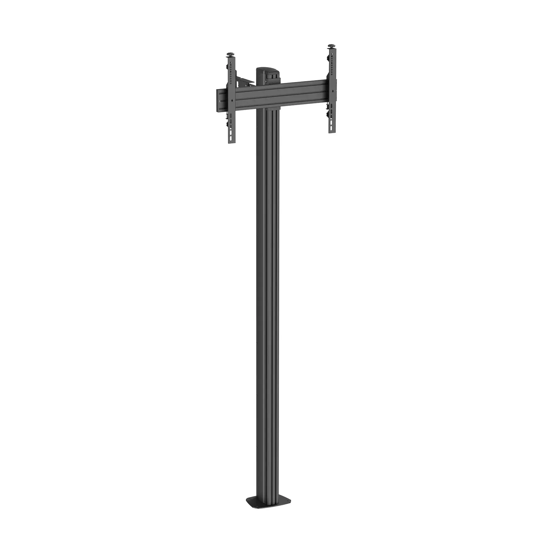 Un soporte de TV negro de pie con un poste largo y un soporte horizontal.