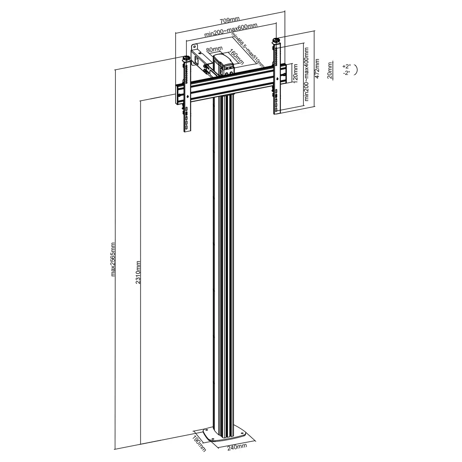 Dibujo técnico de un soporte de suelo con dimensiones. Columna con soporte en la parte superior.