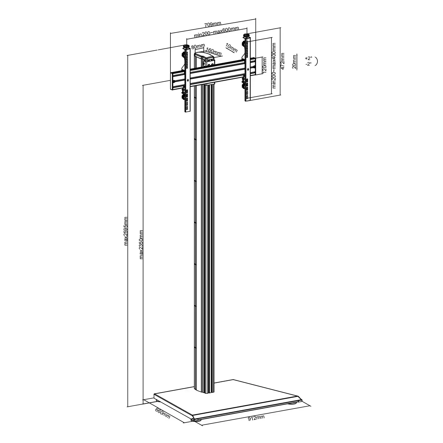 Technische tekening van een tv-beugel op een standaard met afmetingen.