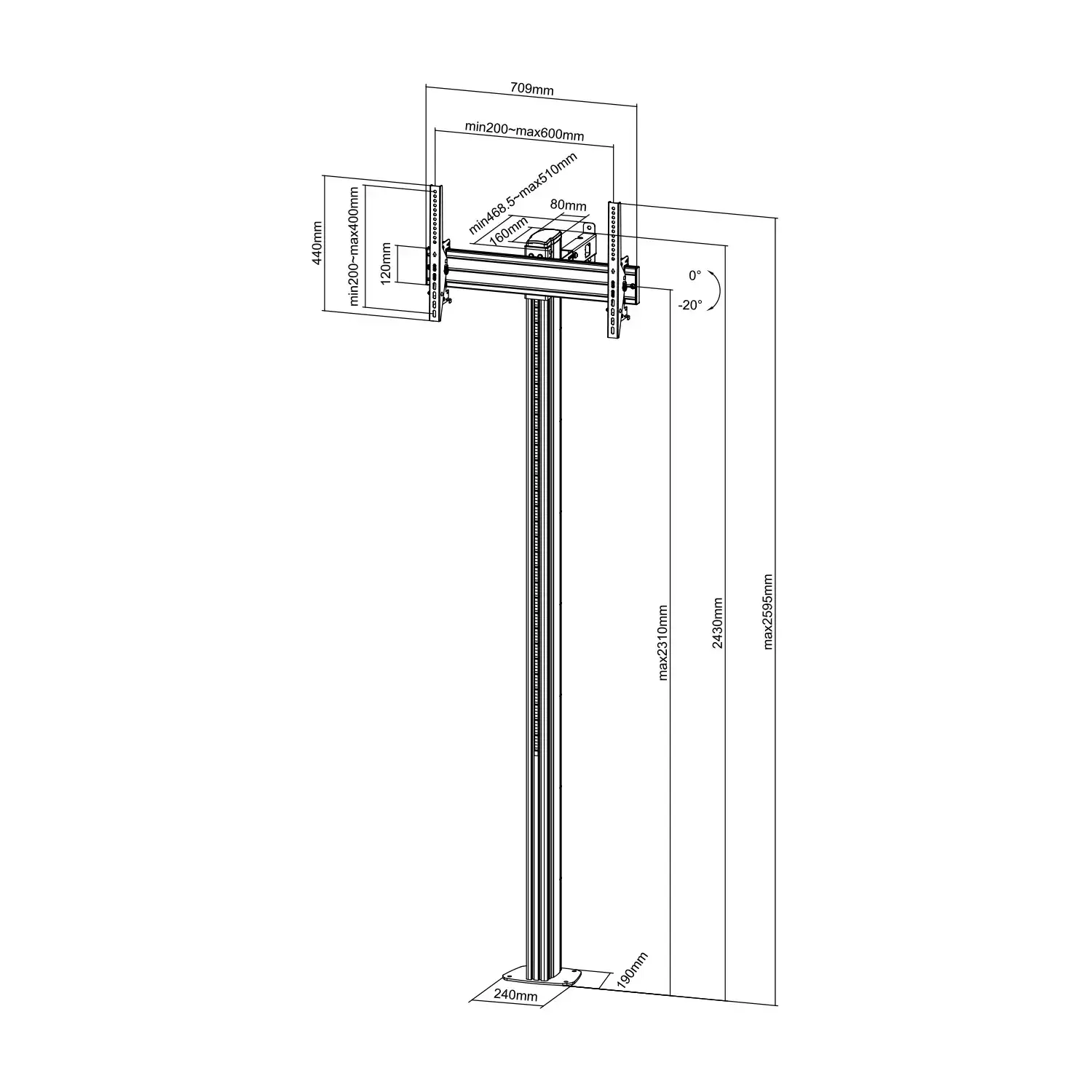 Dessin technique d'un support TV avec dimensions hauteur, largeur et inclinaison.
