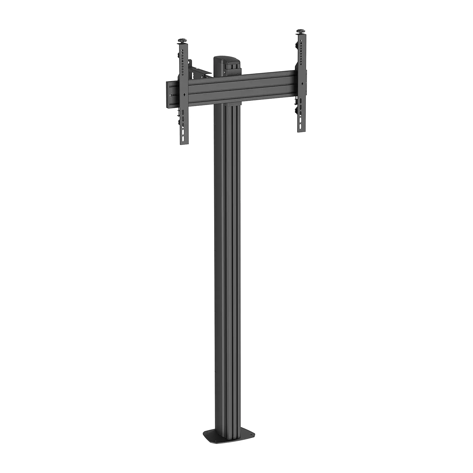 Un soporte de TV negro con brazo ajustable y base rectangular.