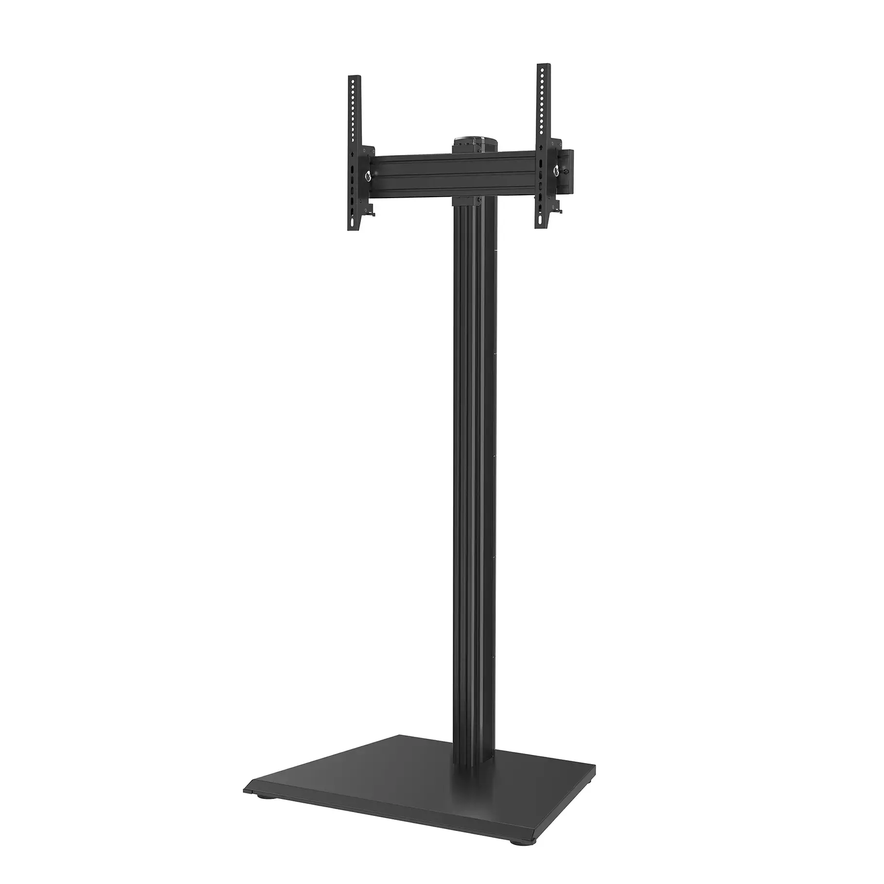 A black, freestanding TV stand with an adjustable mount.