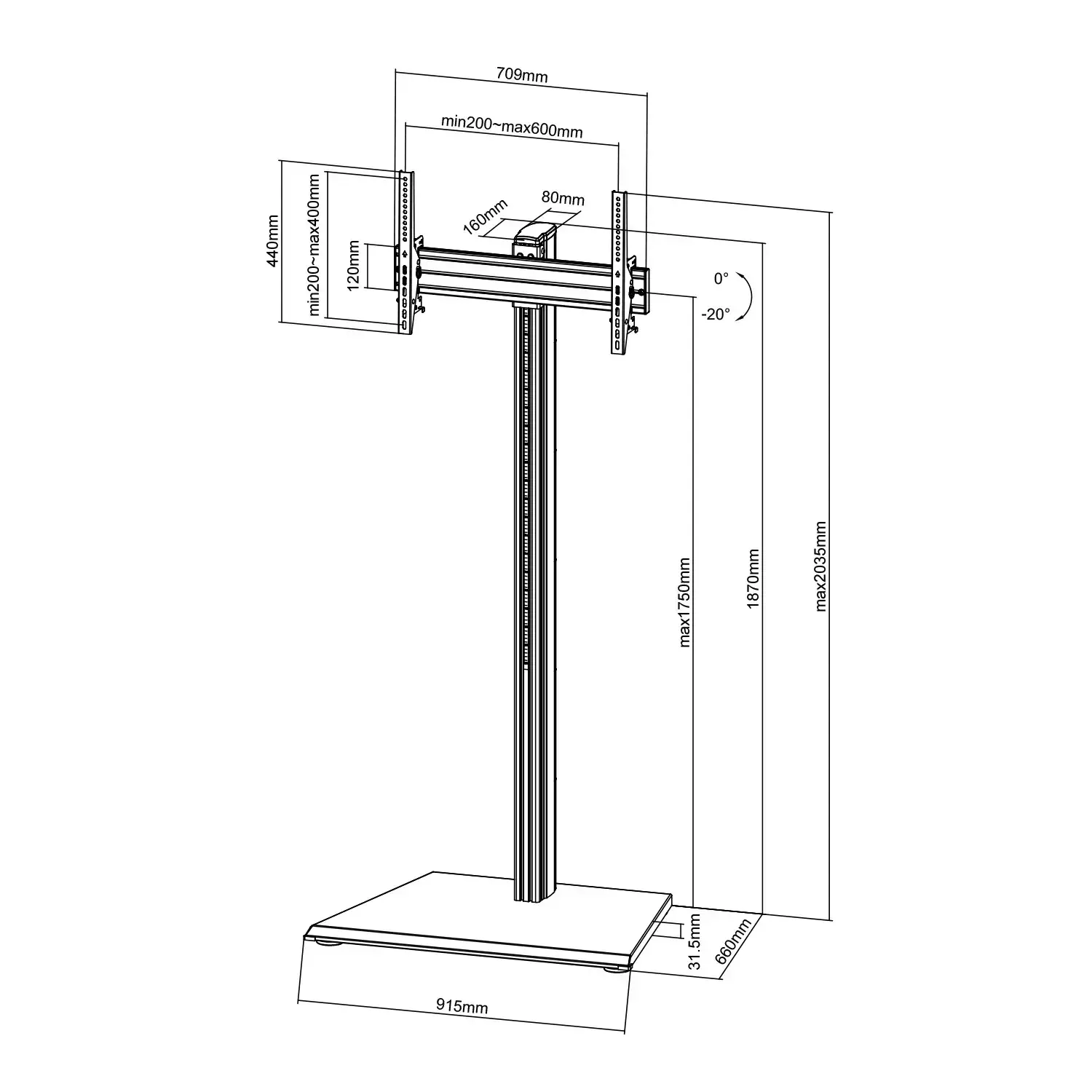 Technical drawing of a TV stand with dimensions and tilt angles.
