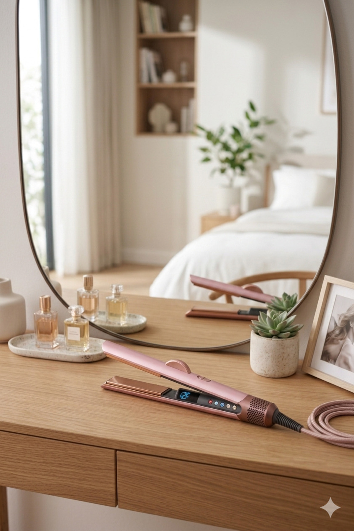 Una plancha para el pelo color oro rosa en un tocador de madera con frascos de perfume y suculenta.