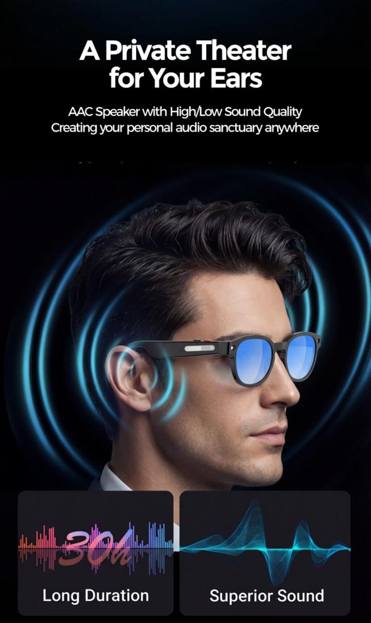 Hombre con gafas emitiendo ondas sonoras, con texto sobre calidad de sonido.