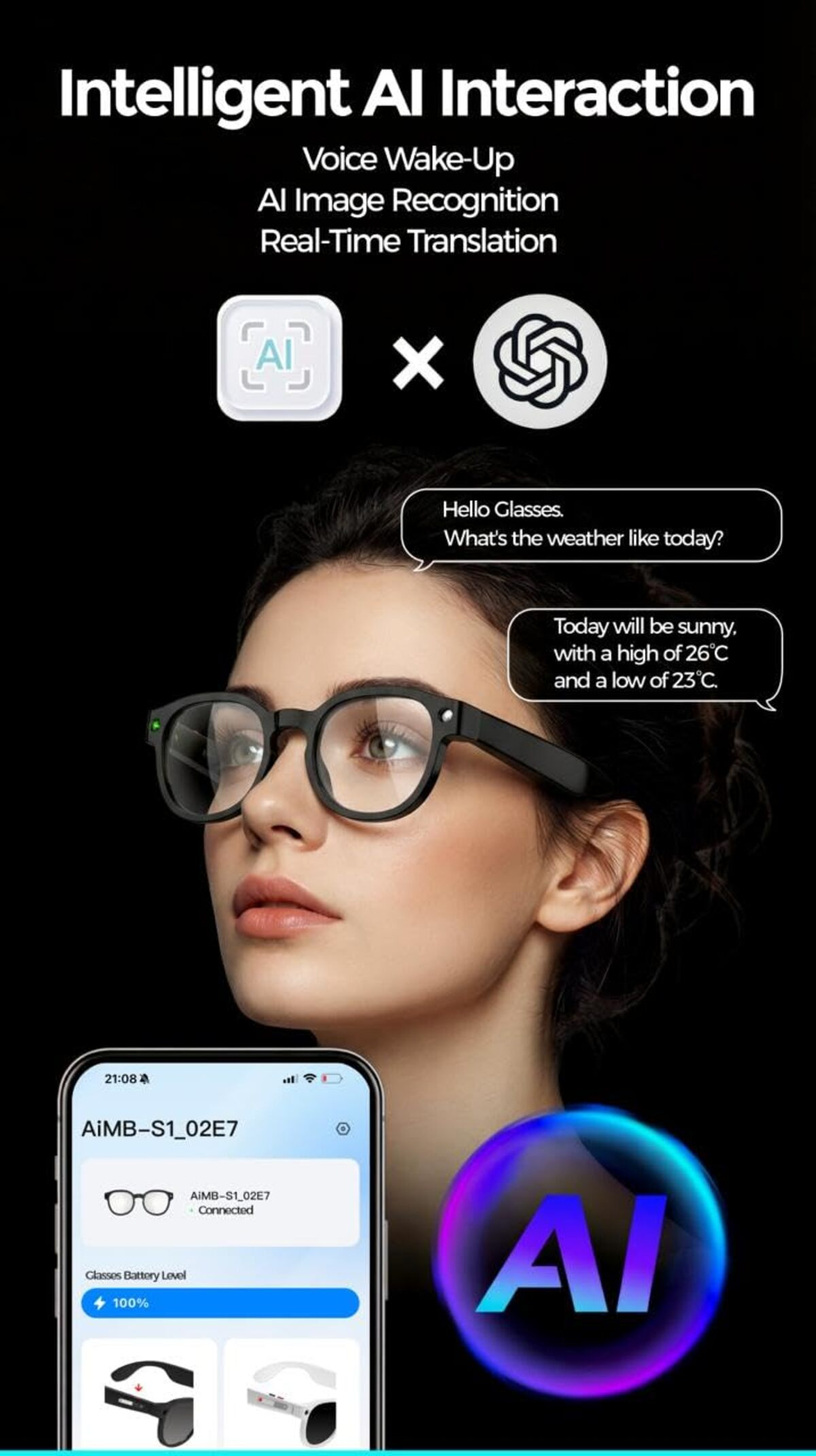 Una mujer usa gafas inteligentes. Un teléfono muestra la aplicación de las gafas.