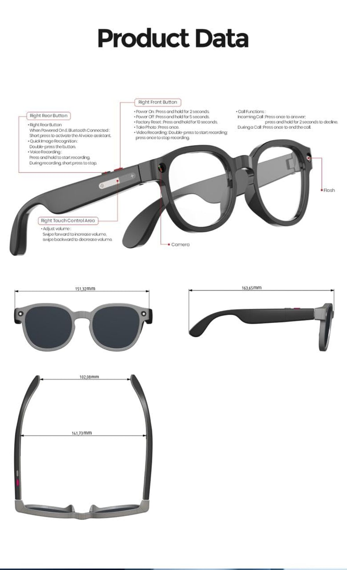 Datos del producto de gafas inteligentes con cámara, flash y controles táctiles.