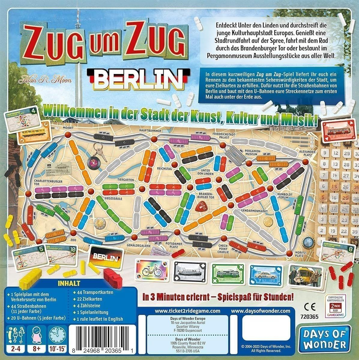 Tablero del juego 'Zug um Zug Berlin' con monumentos, estaciones y rutas.