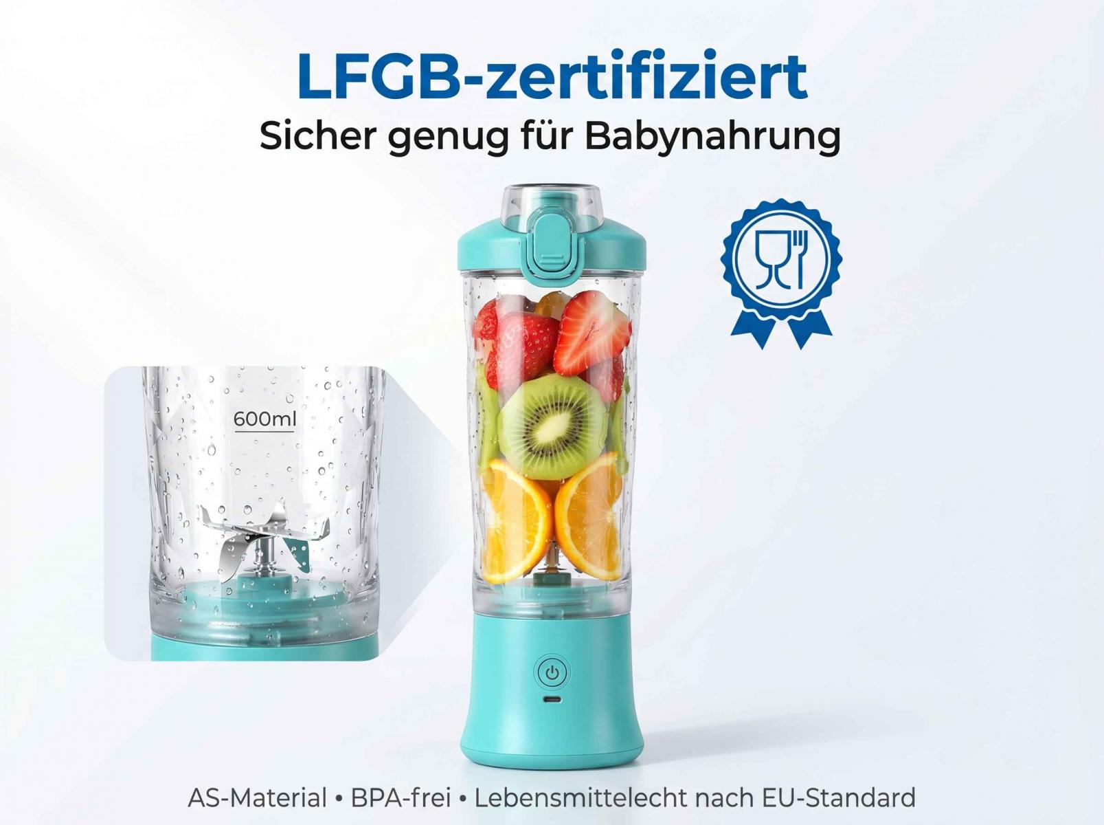 Ein tragbarer Mixer mit Früchten wie Erdbeeren, Kiwi und Orangen, LFGB-zertifiziert.