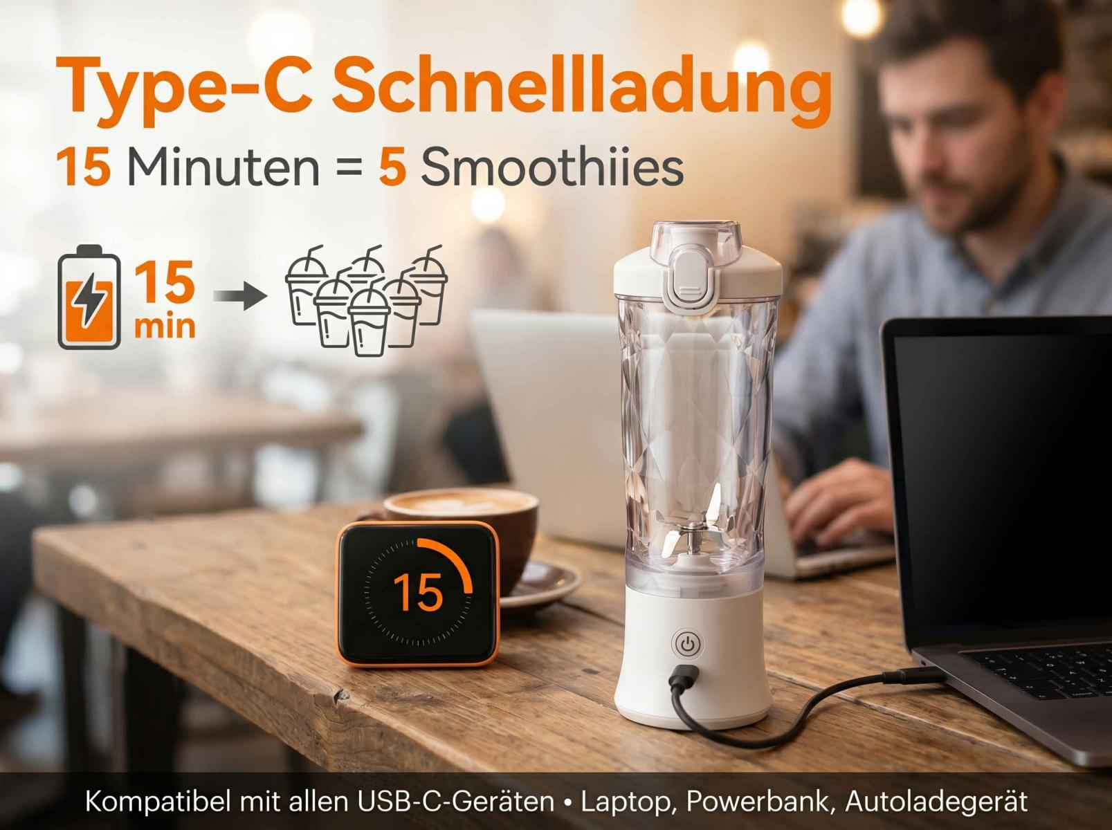 Tragbarer Mixer mit USB-C-Schnellladung, 15 Min Ladezeit für 5 Smoothies.
