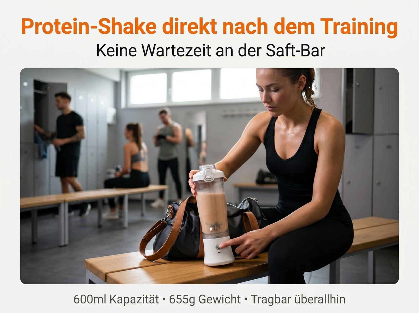Frau mit Proteinshake in Umkleidekabine nach dem Training.