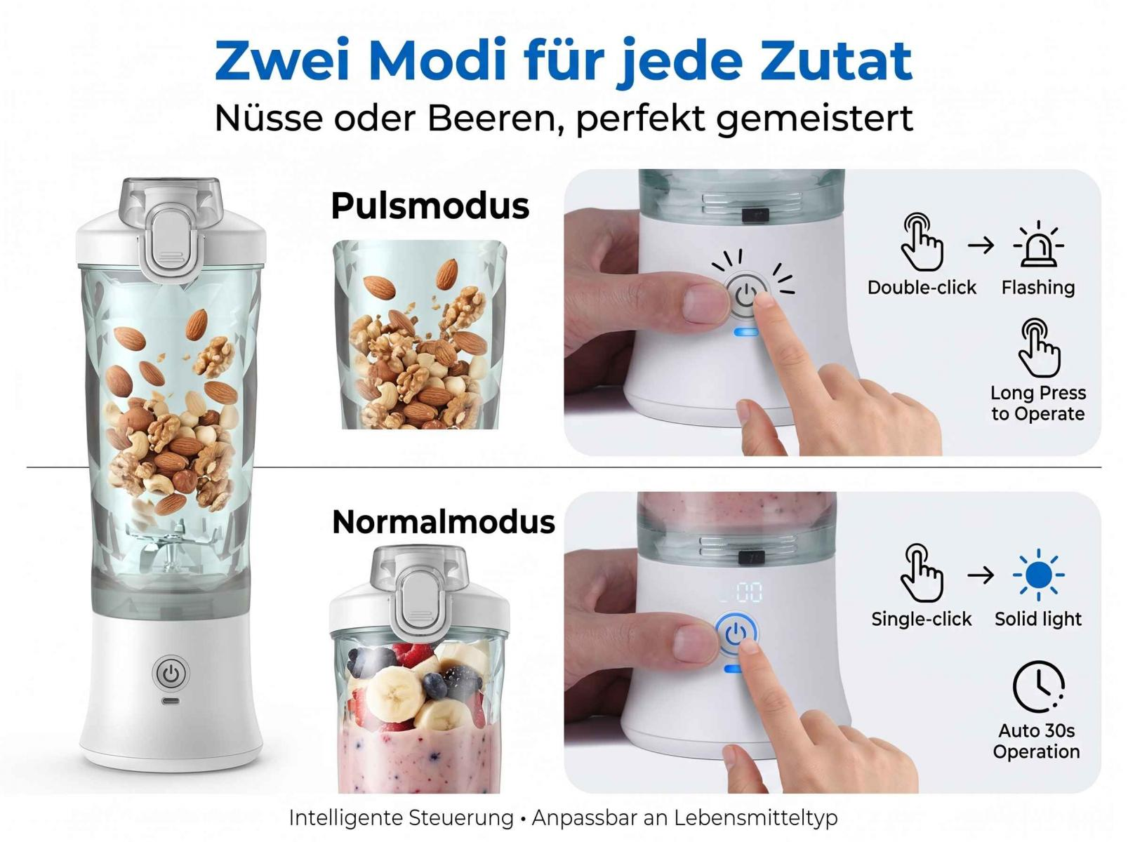 Ein tragbarer Mixer mit zwei Modi: Nüsse und Beeren. Zeigt Puls- und Normalmodus an.