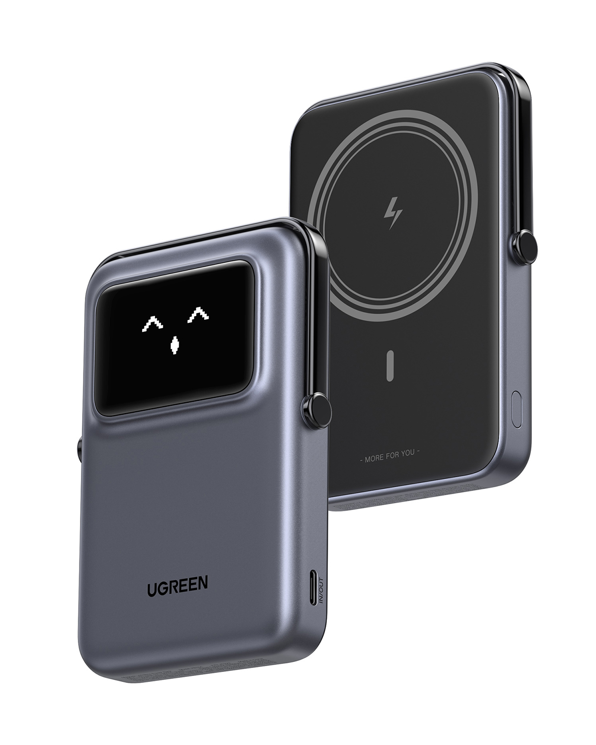 Zwei dunkelgraue UGREEN-Powerbanks. Eine hat einen Bildschirm mit Smiley.