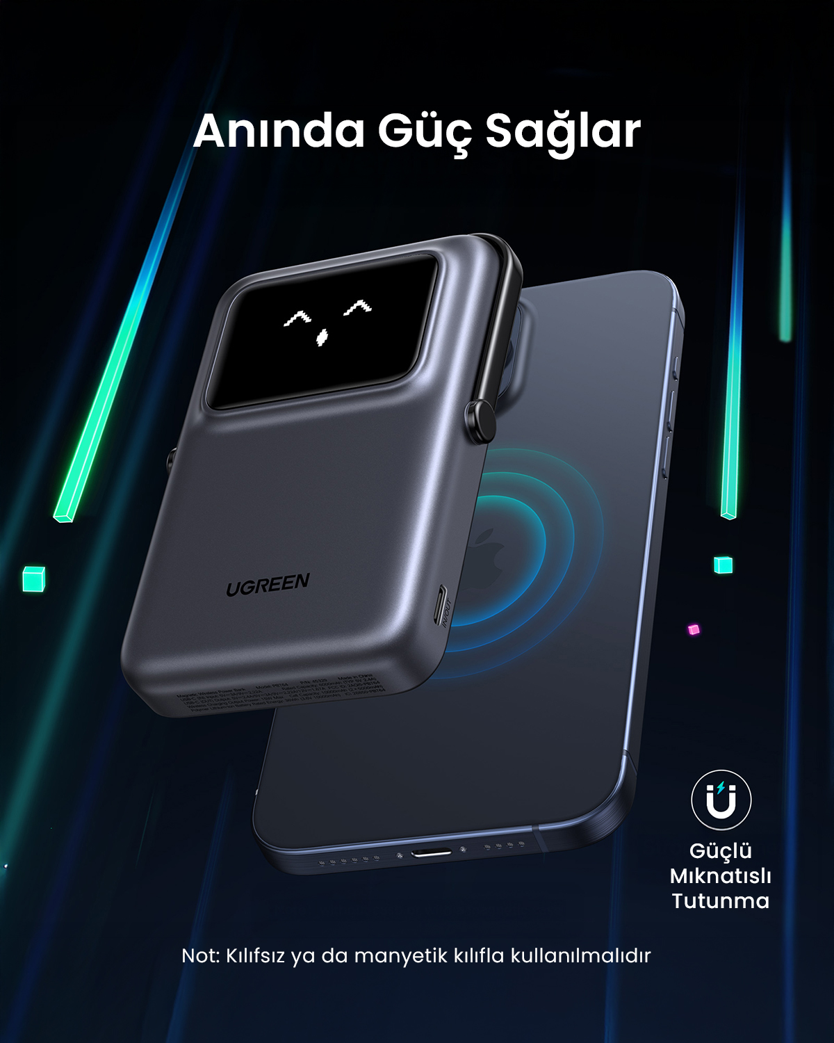 Ein graues UGREEN Powerbank magnetisch an einem dunklen Smartphone befestigt.