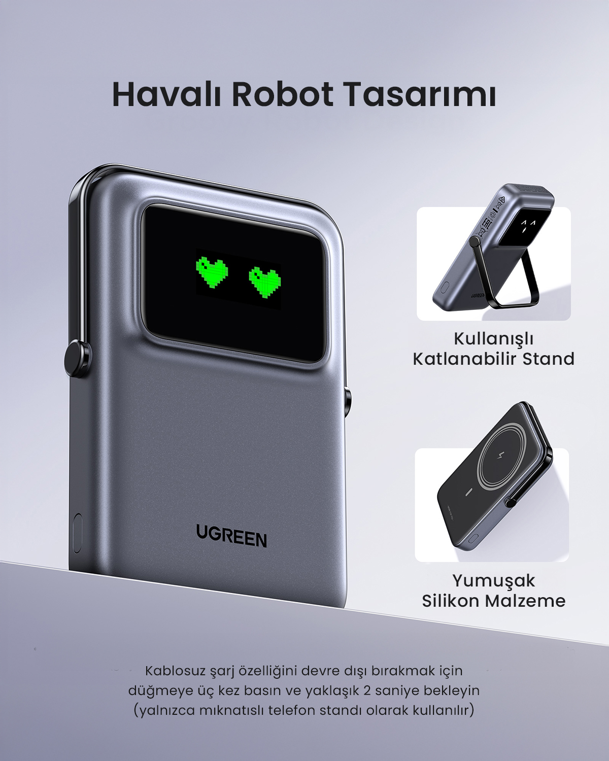 Grauer Charger mit zwei grünen Pixel-Herzen auf dem Display, klappbarem Ständer und Silikon.