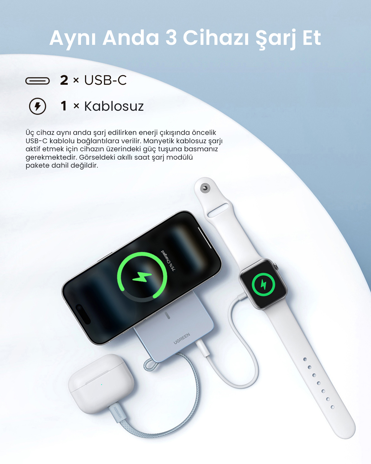 Smartfon, etui ładujące i smartwatch ładują się jednocześnie na ładowarce.