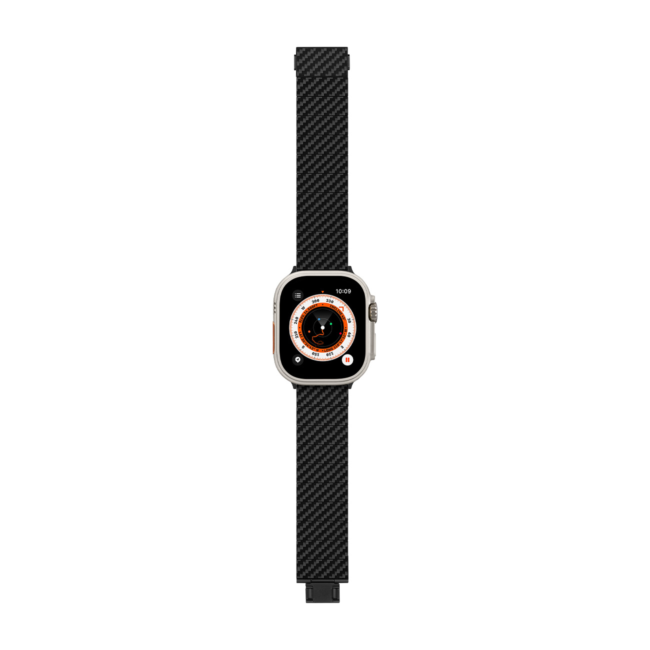 Un reloj inteligente plateado con correa de fibra de carbono negra muestra una brújula.