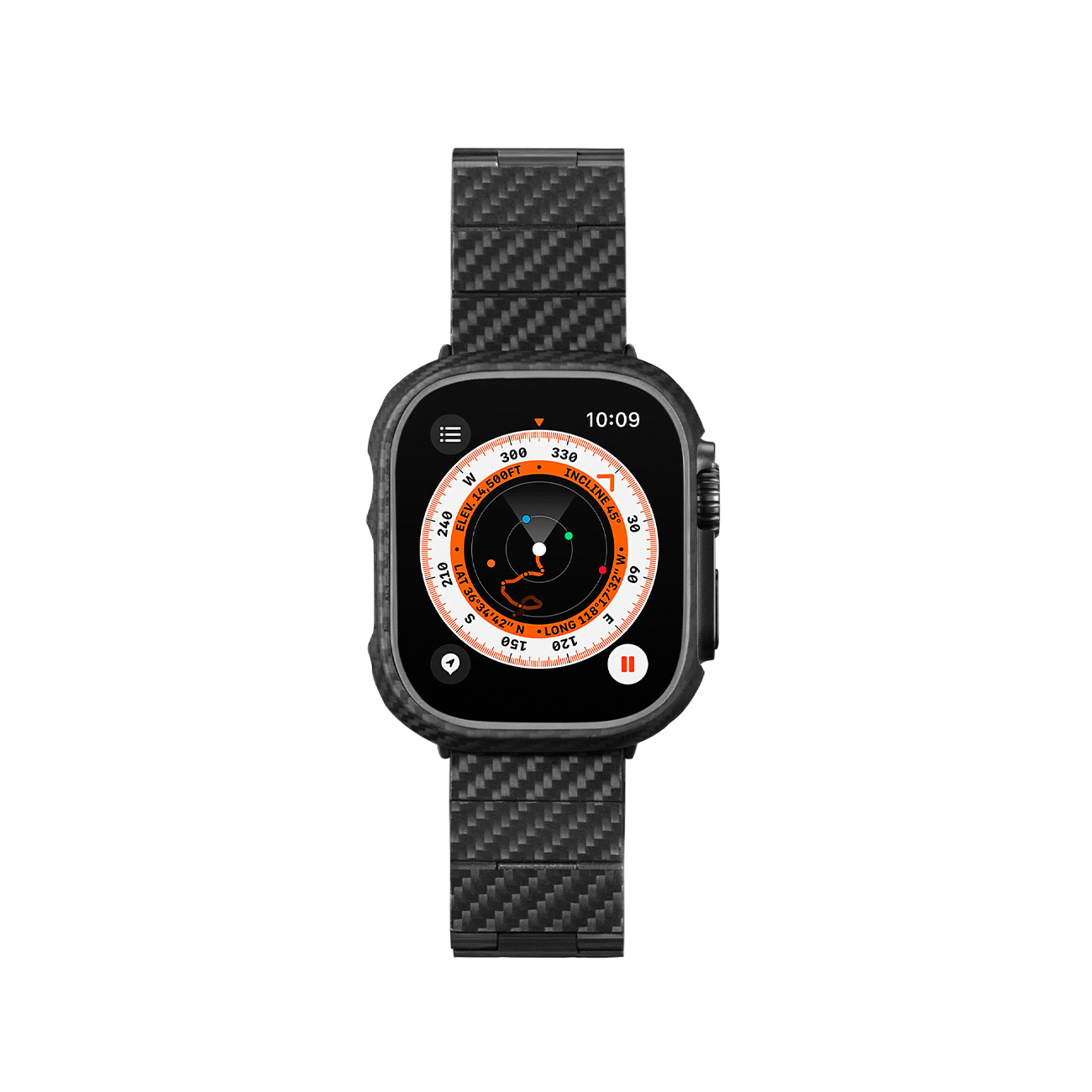Un reloj inteligente negro con app de brújula y correa de fibra de carbono.