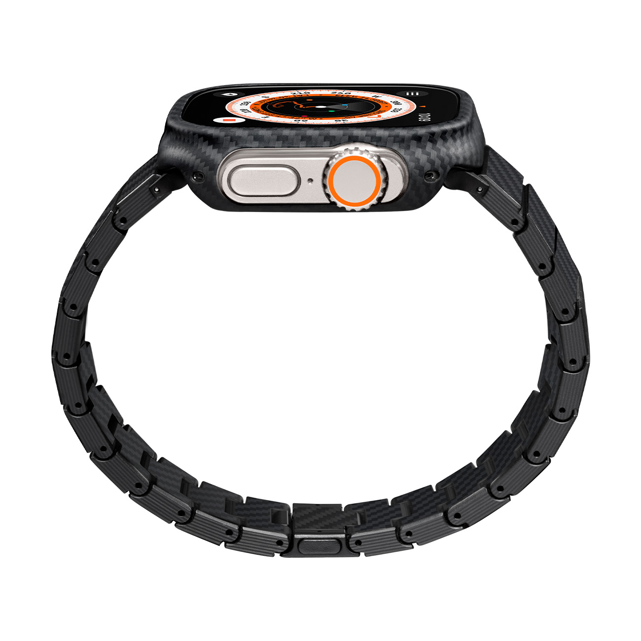 Reloj inteligente negro con carcasa de patrón de carbono y correa de metal.